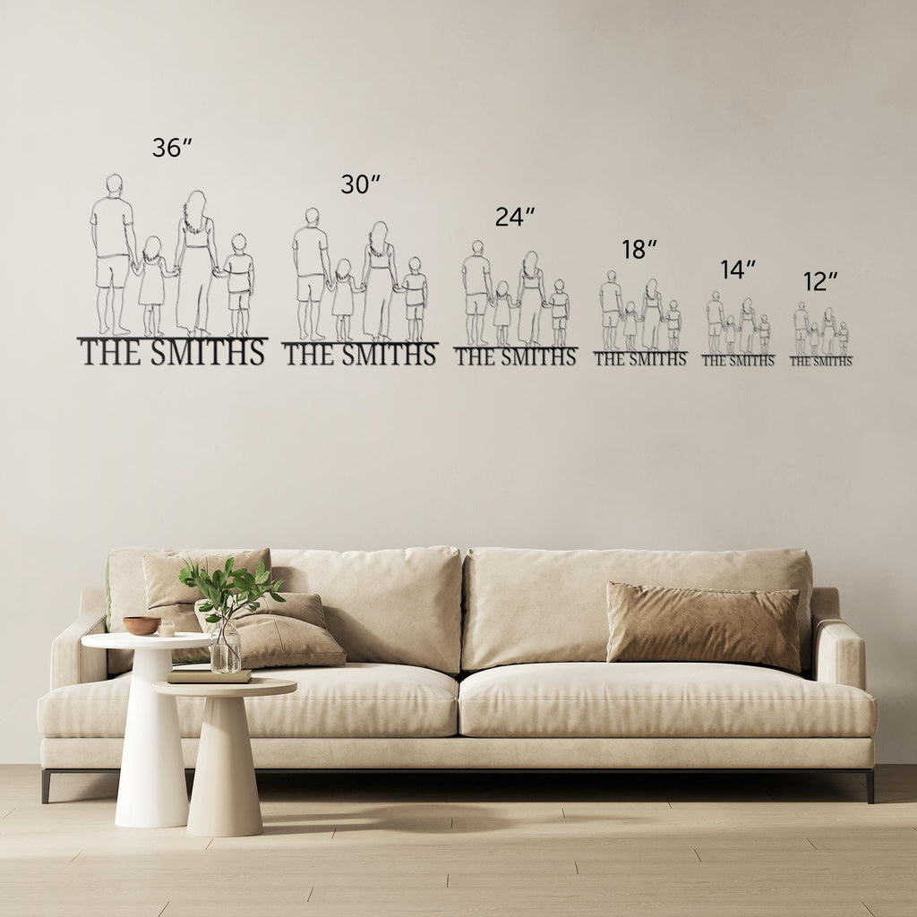 Custom Family Metal Sign – Personalized Line Art Silhouette with Last Name Banner