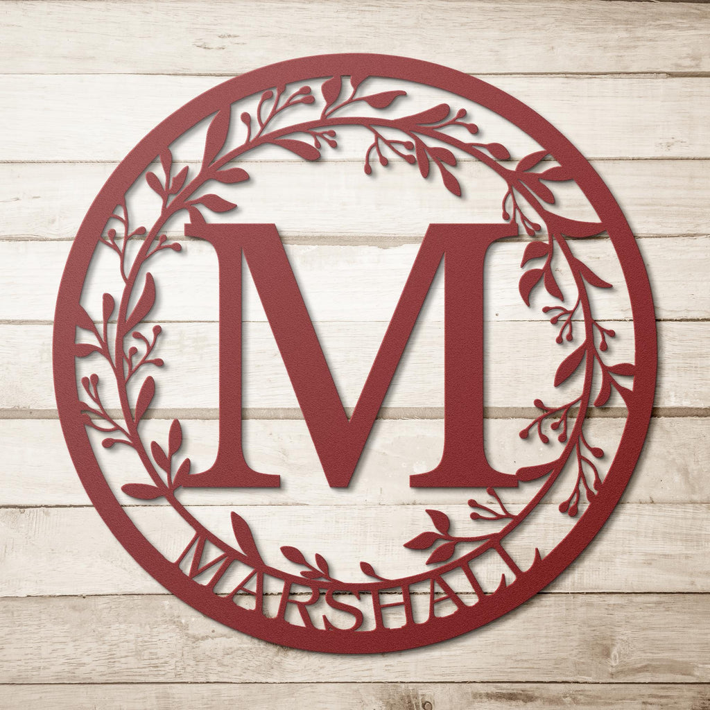 Personalized Wreath Sign - Custom Metal Art With Leafy Vine Border | Rustic Farmhouse Decor