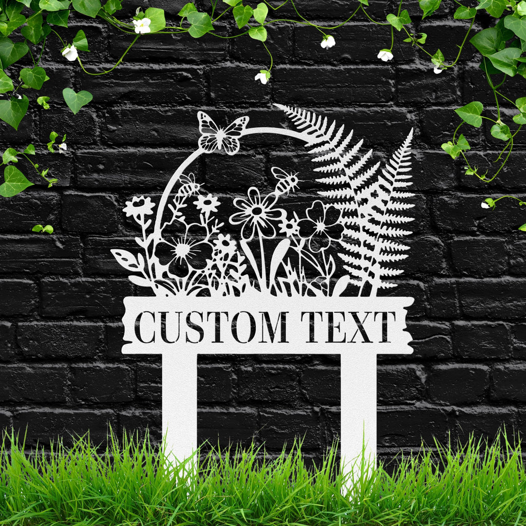 Die-Cut Meadow Flower Garden Sign, Personalized Butterfly & Bee Metal Stake, Custom Text Pollinator Patch Marker, Gardener Gift