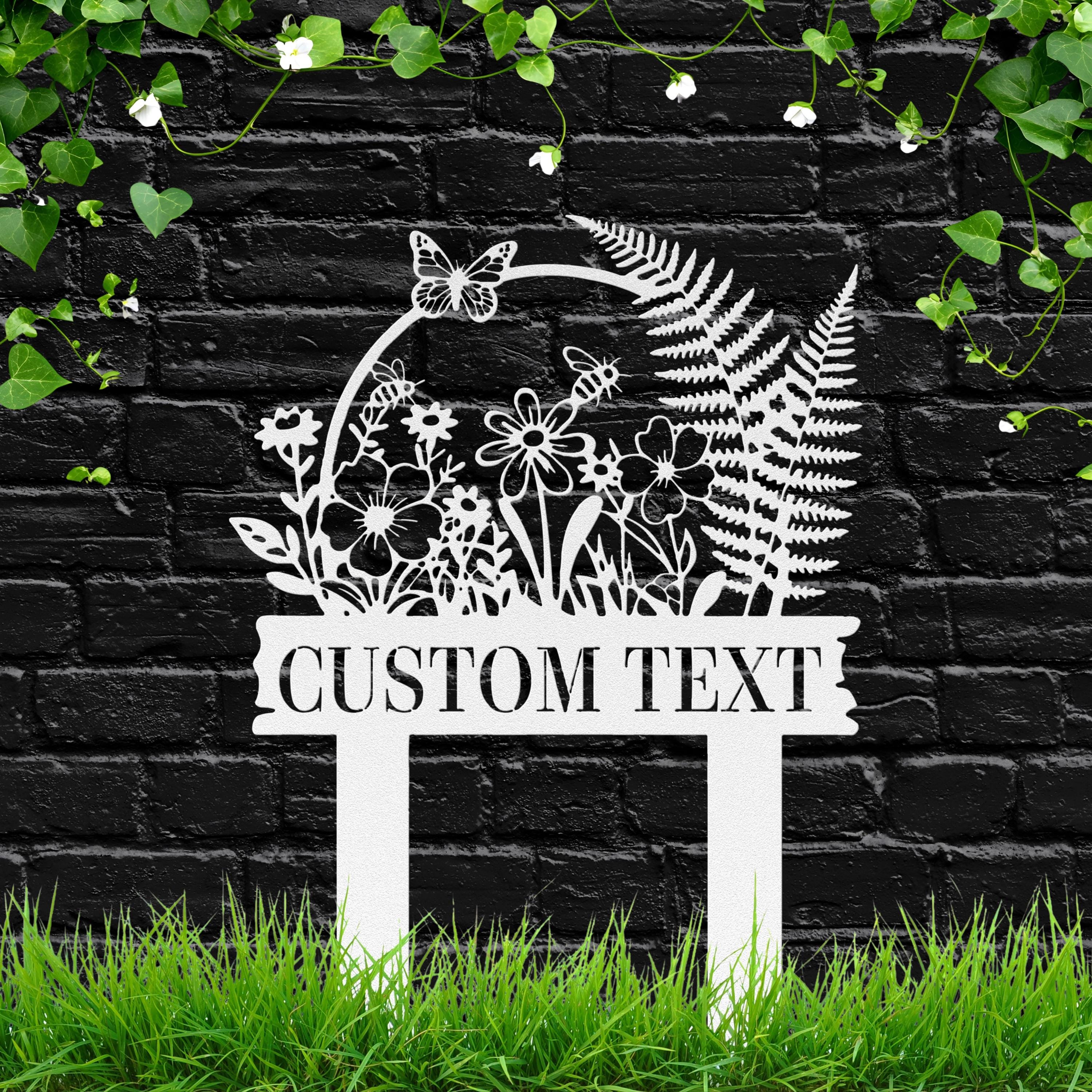 Die-Cut Meadow Flower Garden Sign, Personalized Butterfly & Bee Metal Stake, Custom Text Pollinator Patch Marker, Gardener Gift