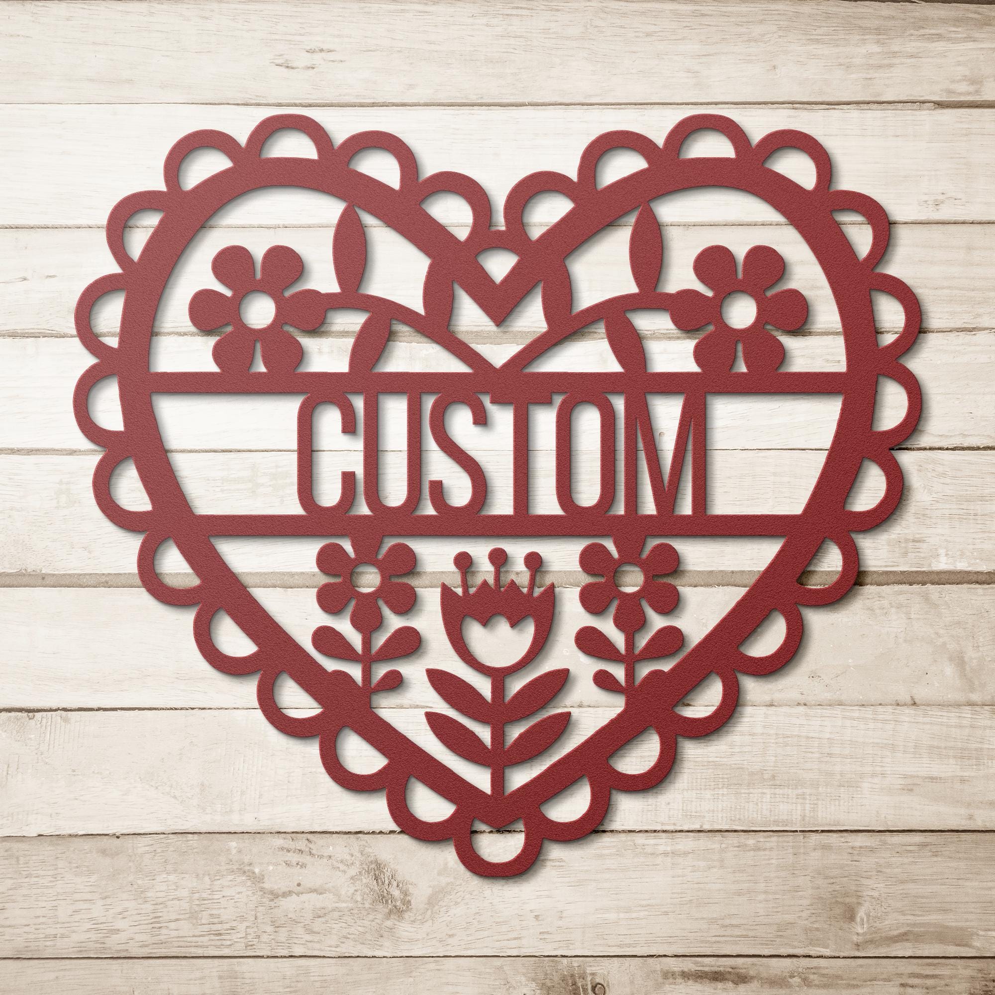 Custom Folk Art Heart Sign | Personalized Floral Metal Art | Die-Cut Scallop Decor | Scandinavian Style Wall Hanging