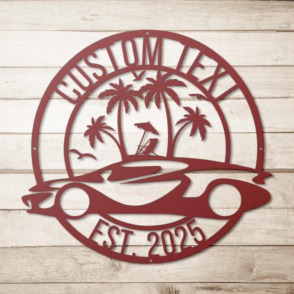 Personalized Race Car & Beach Metal Sign | Custom Text Garage or Man Cave Wall Art | Unique Automotive Enthusiast Gift