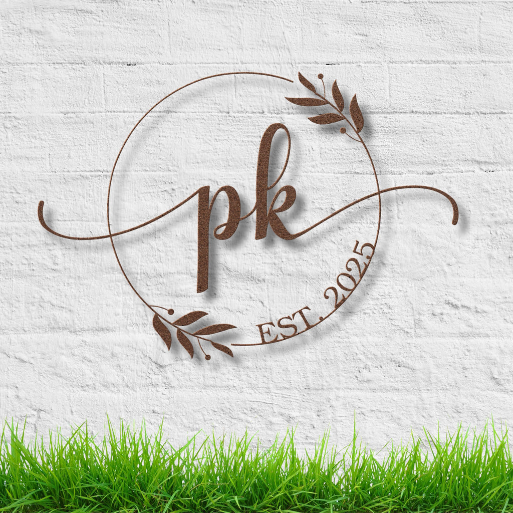 Personalized Metal Sign – Custom Initial Wreath, Monogram Art & Established Date Gift