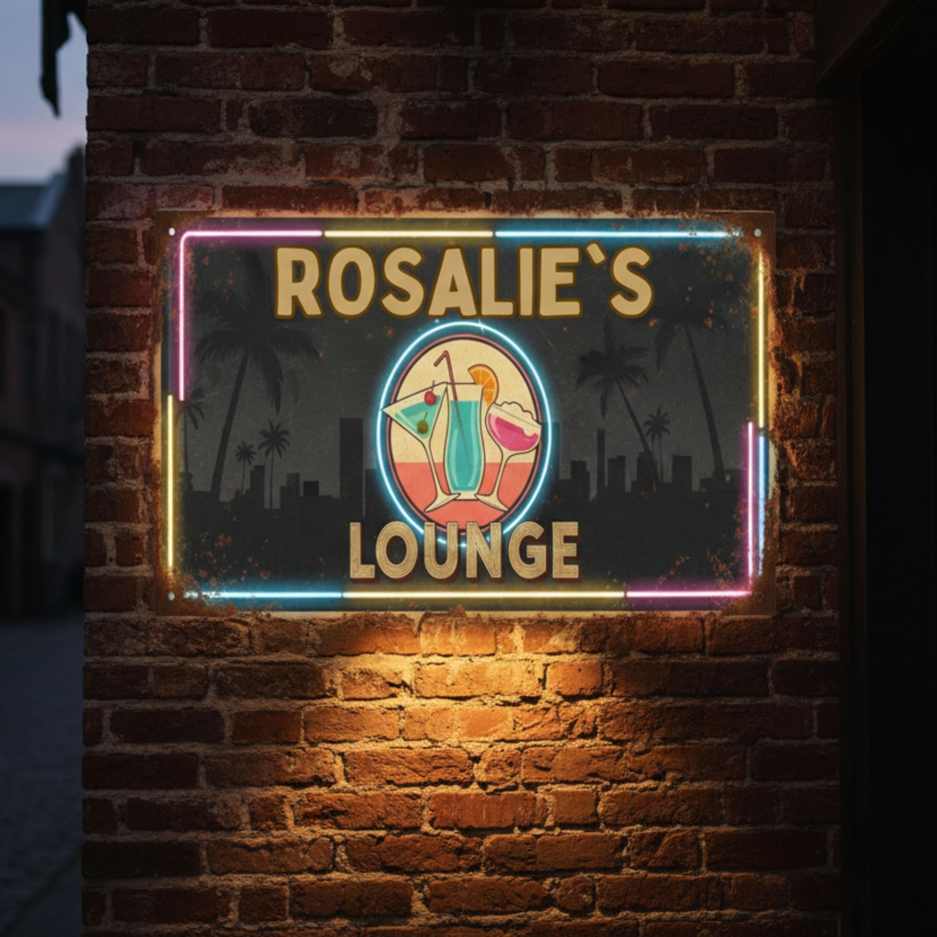 Custom Lounge Metal Sign | Personalized Tropical Neon Bar Art | Retro Cocktail Wall Decor | Home Tiki Bar Gift