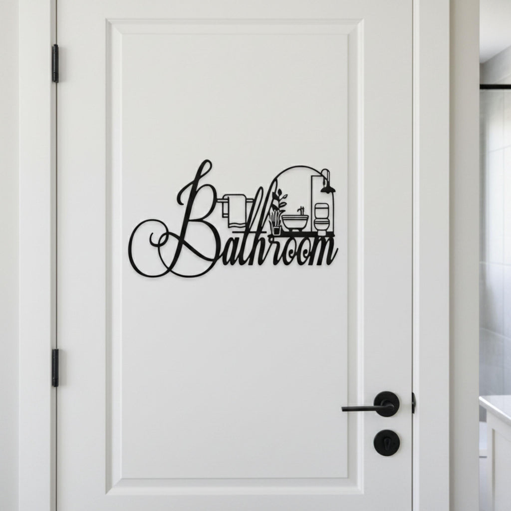 Bathroom Metal Sign Decor | Black Die Cut Wall Art for Restroom | Modern Farmhouse Powder Room Door Hanger | Housewarming Gift
