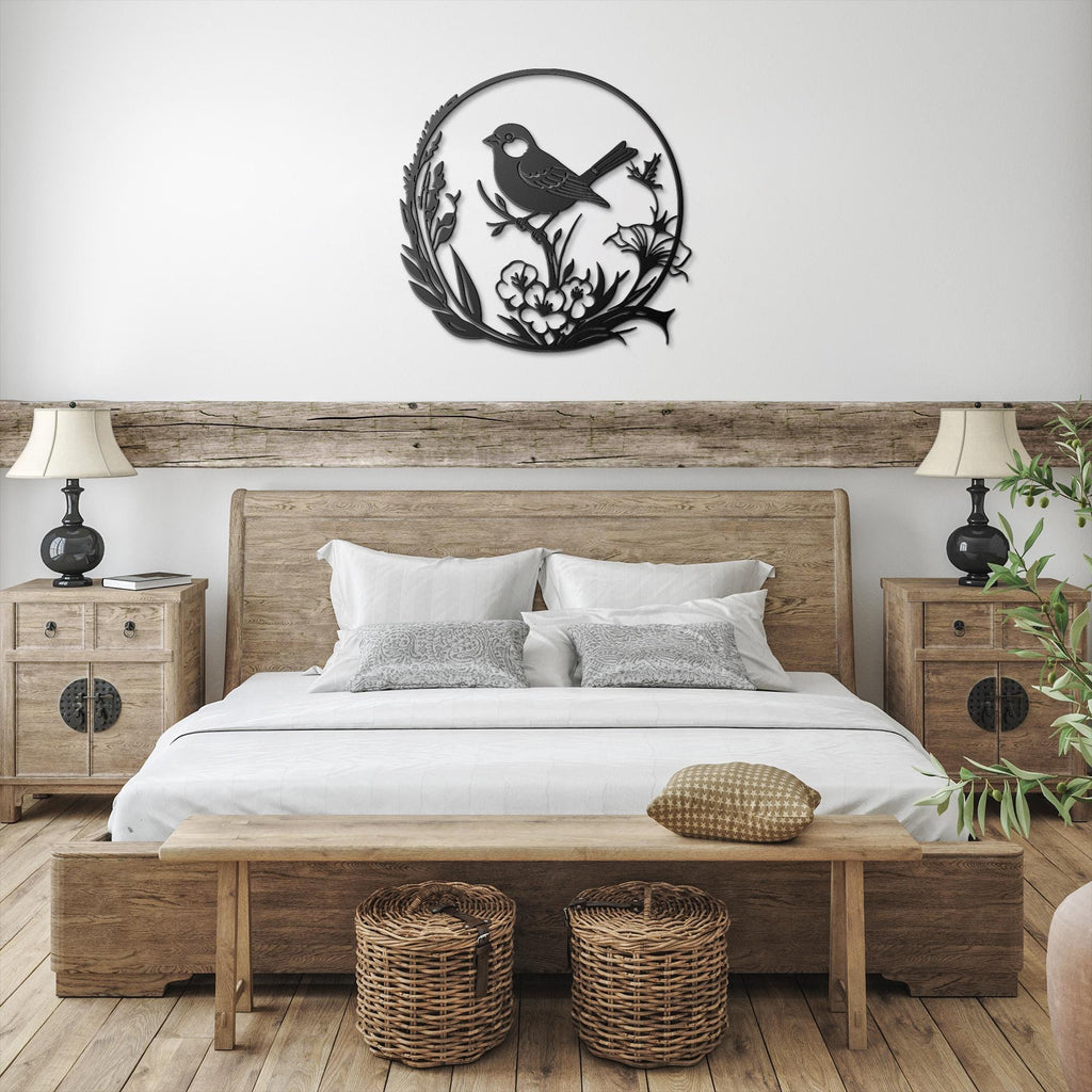 Metal Bird Wall Art, Floral Branch Silhouette, Nature Inspired Decor
