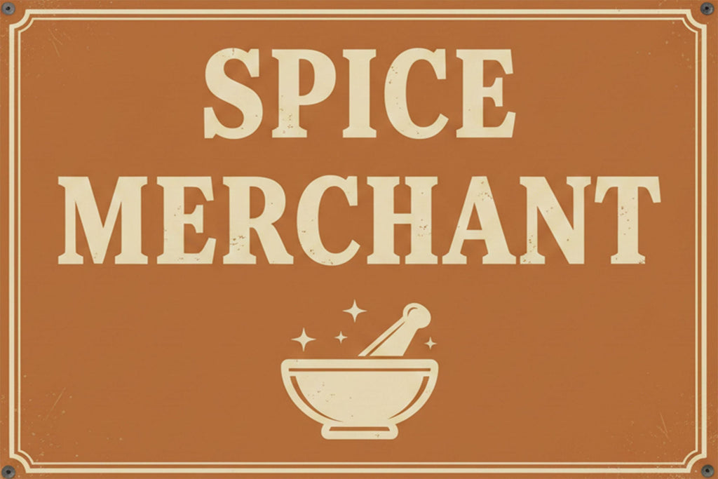 Rustic Spice Merchant Sign, Kitchen Wall Art, Mortar Pestle Metal Plaque, Food Store Decor
