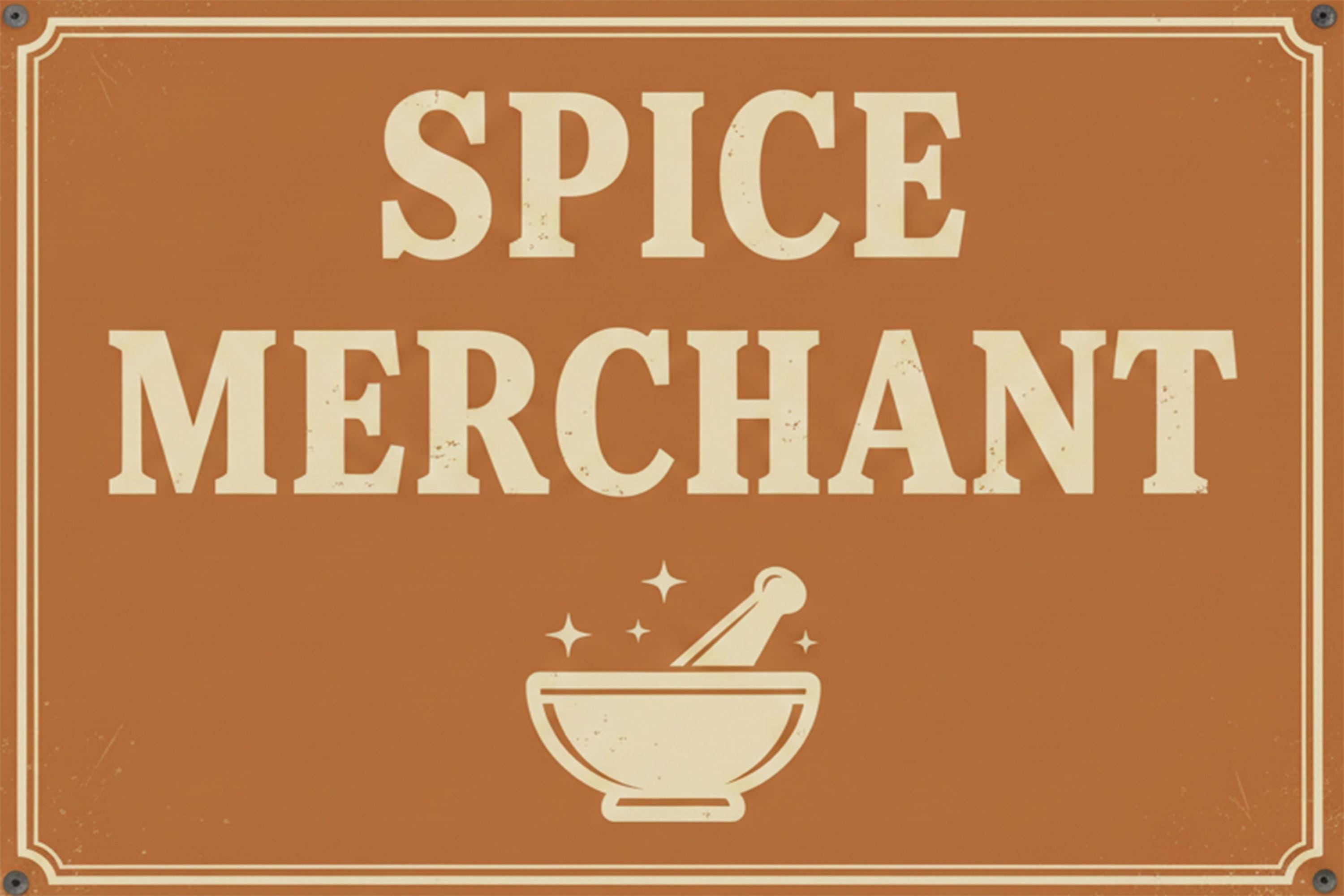Rustic Spice Merchant Sign, Kitchen Wall Art, Mortar Pestle Metal Plaque, Food Store Decor