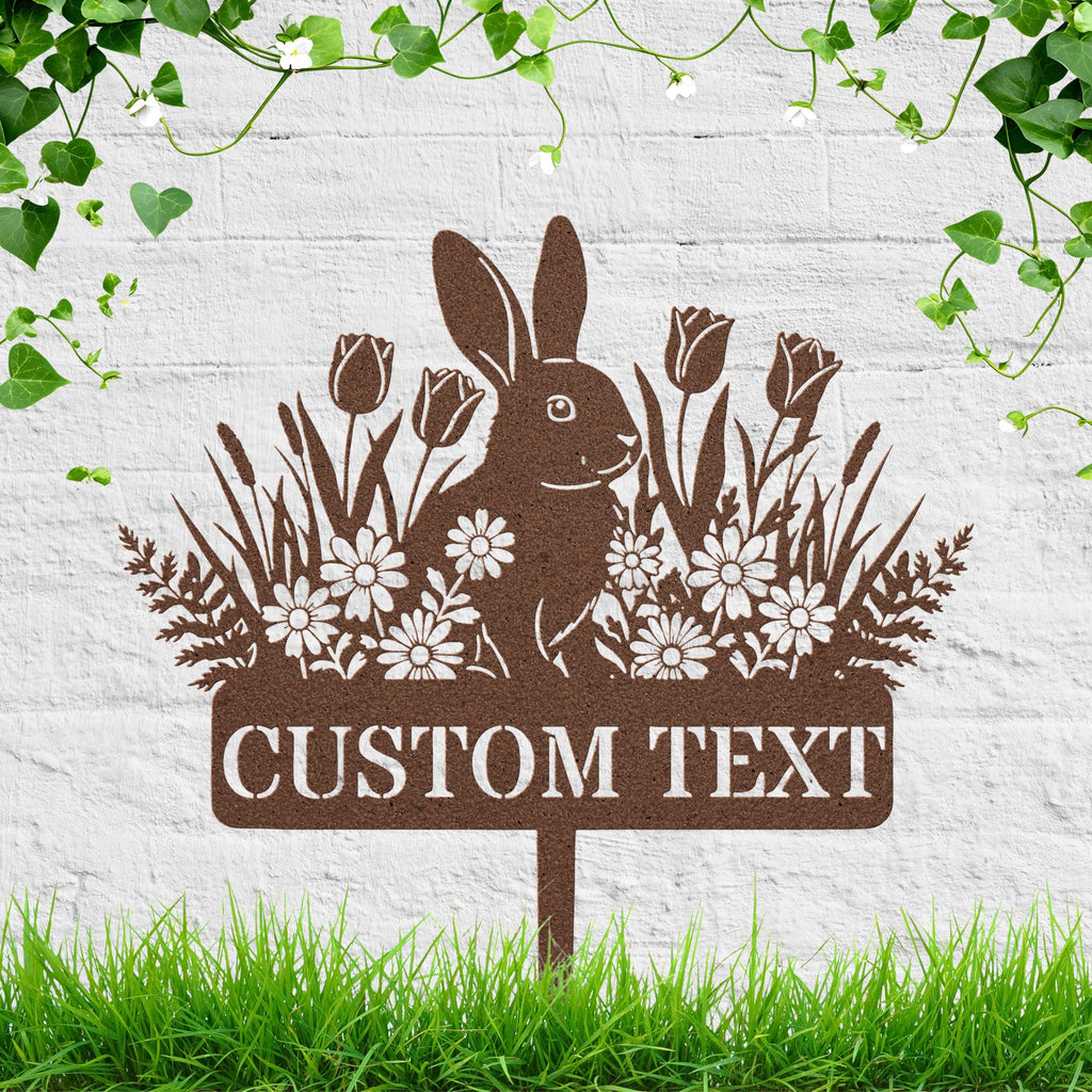 Custom Rabbit Garden Stake, Personalized Metal Yard Sign, Bunny Flower Die Cut Decor