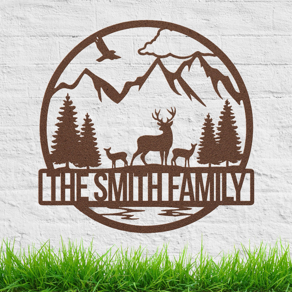 Personalized Family Name Metal Art, Mountain Deer Cabin Decor