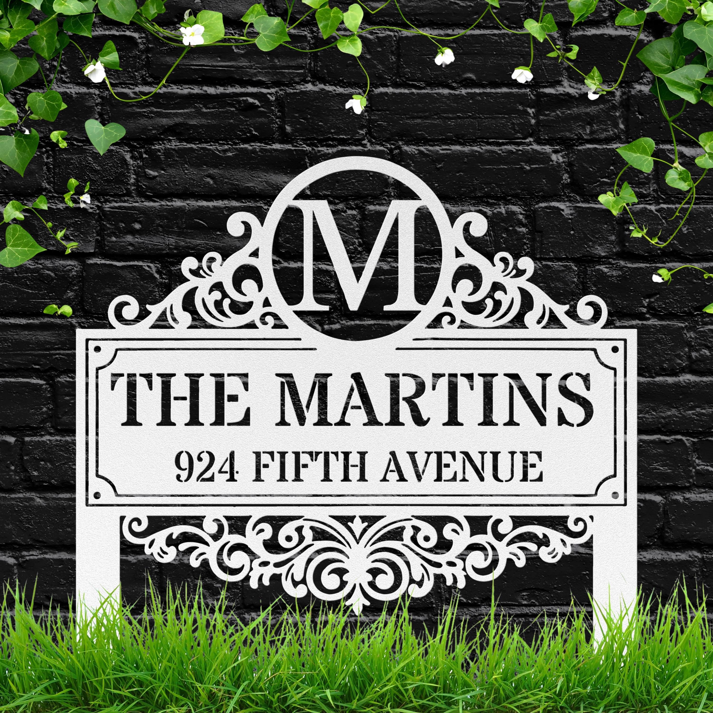 Monogram Metal Address Plaque, Personalized Family Name House Sign, Custom Elegant Home Decor Yard Stake