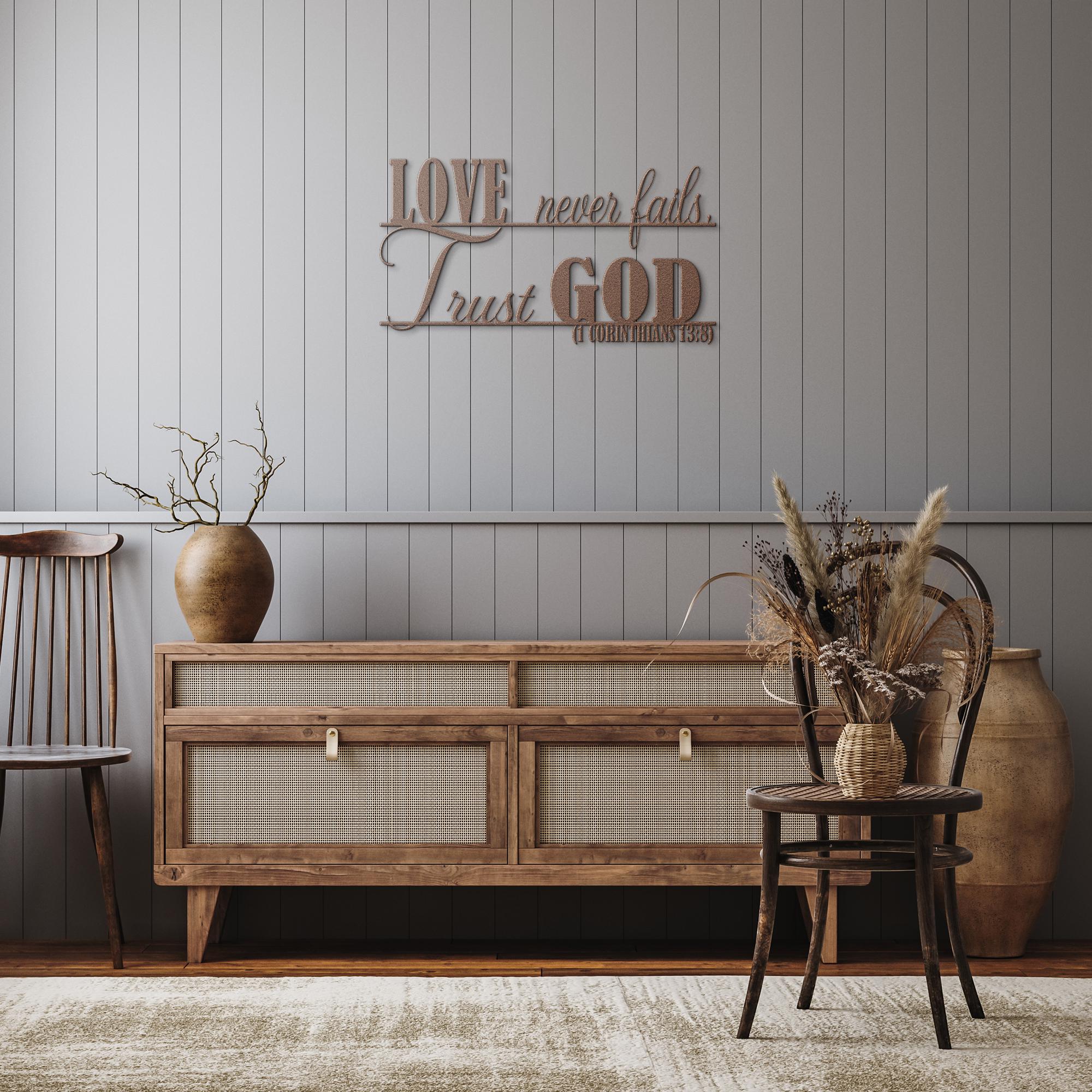 Love Never Fails Metal Wall Art, Christian Home Decor