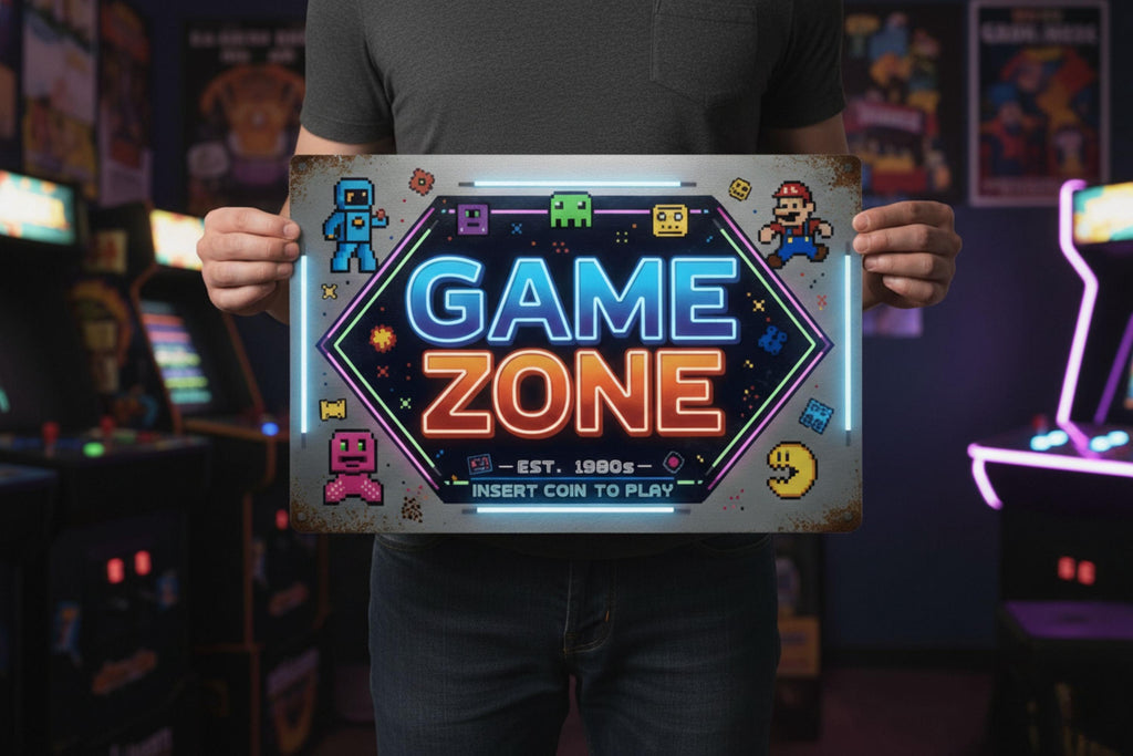 Retro Arcade Sign - Neon Metal Sign for Arcade Room Decor | Vintage Gamer Gift