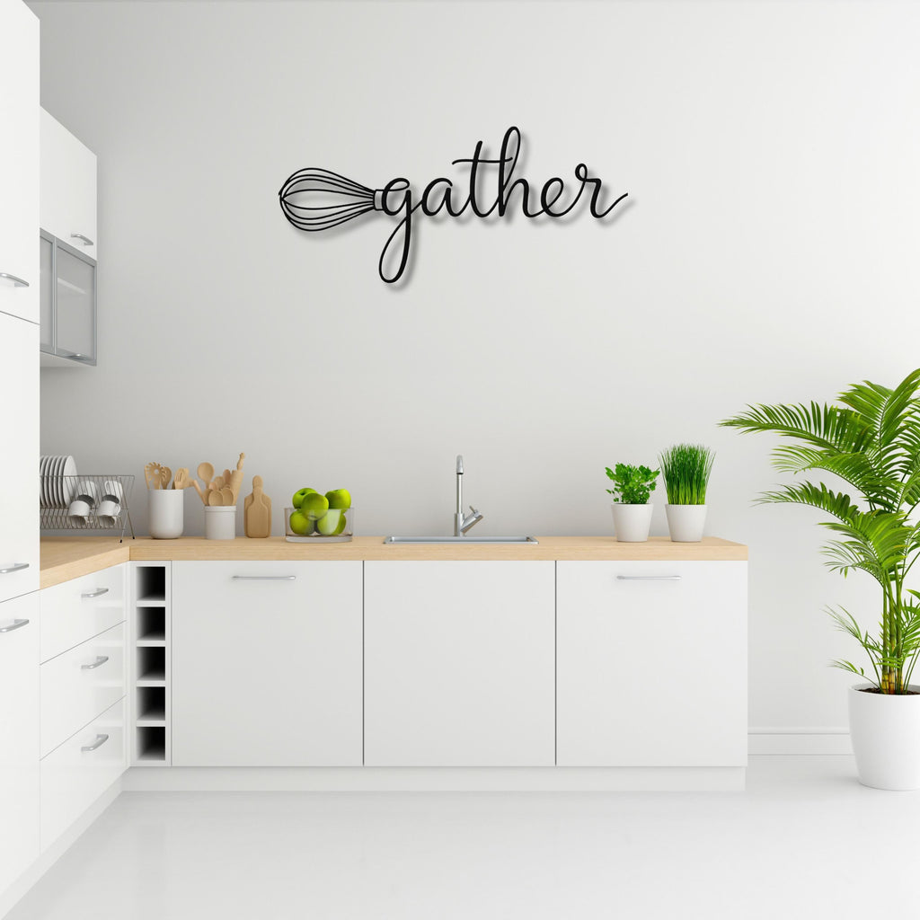Gather Whisk Metal Wall Art | Kitchen Die Cut Sign, Farmhouse Decor, Cooking & Baking Gift, Script Word Sign