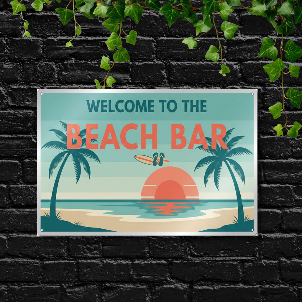 Beach Bar Metal Sign, Tropical Wall Art, Coastal Decor, Surfboard Sign, Tiki Bar Poster