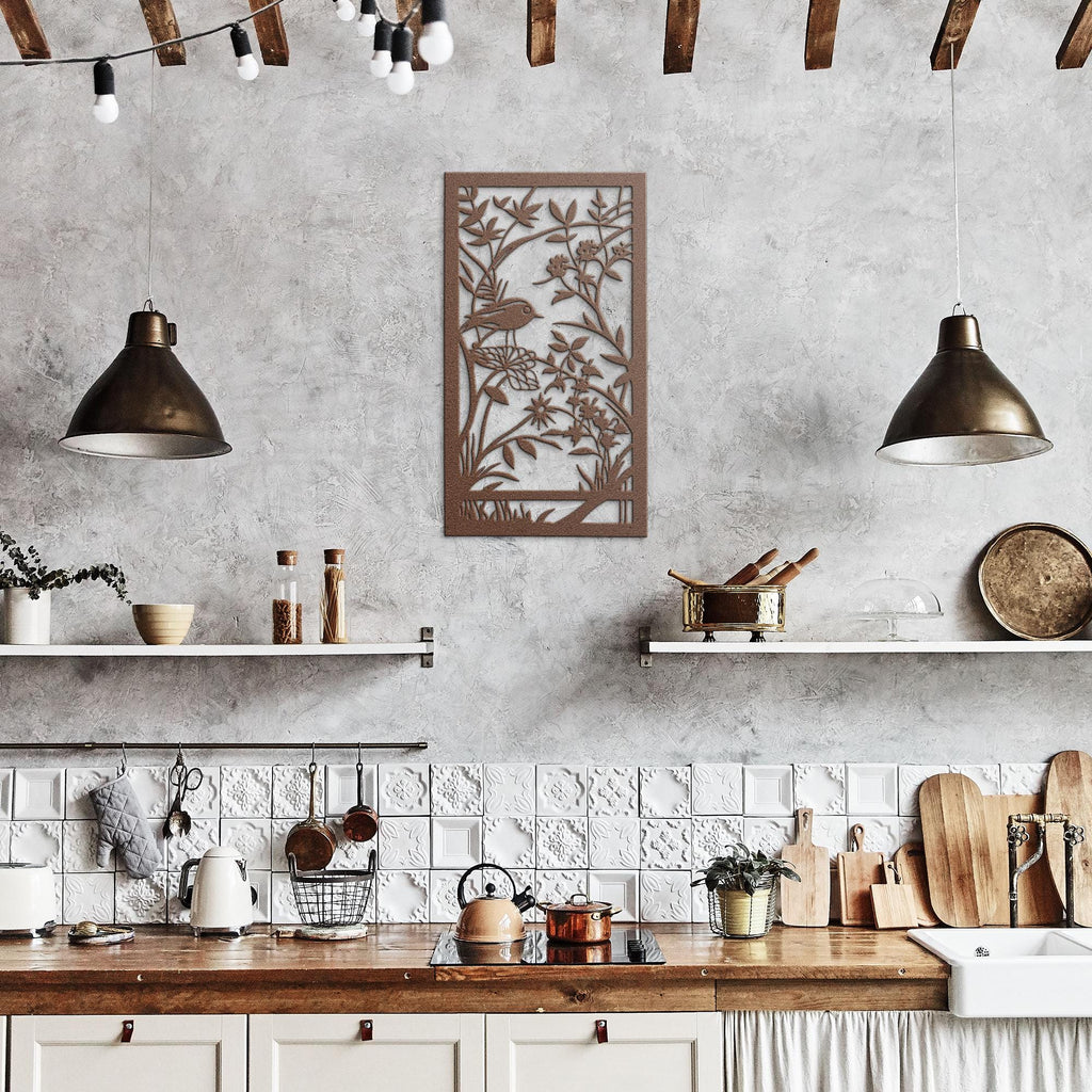 Bird and Flowers Metal Wall Art, Botanical Garden Sign, Nature Wall Decor, Floral Art