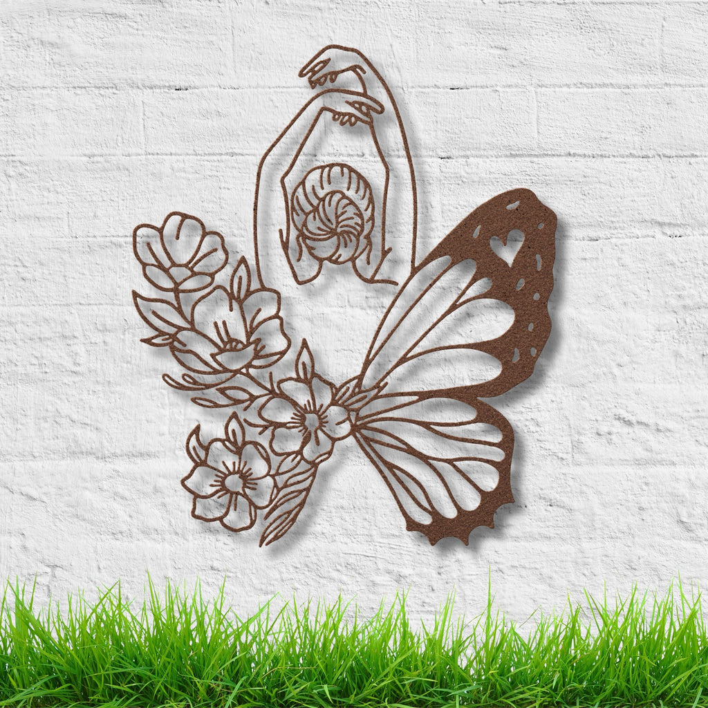 Butterfly Woman Metal Wall Art, Feminine Line Art, Floral Decor