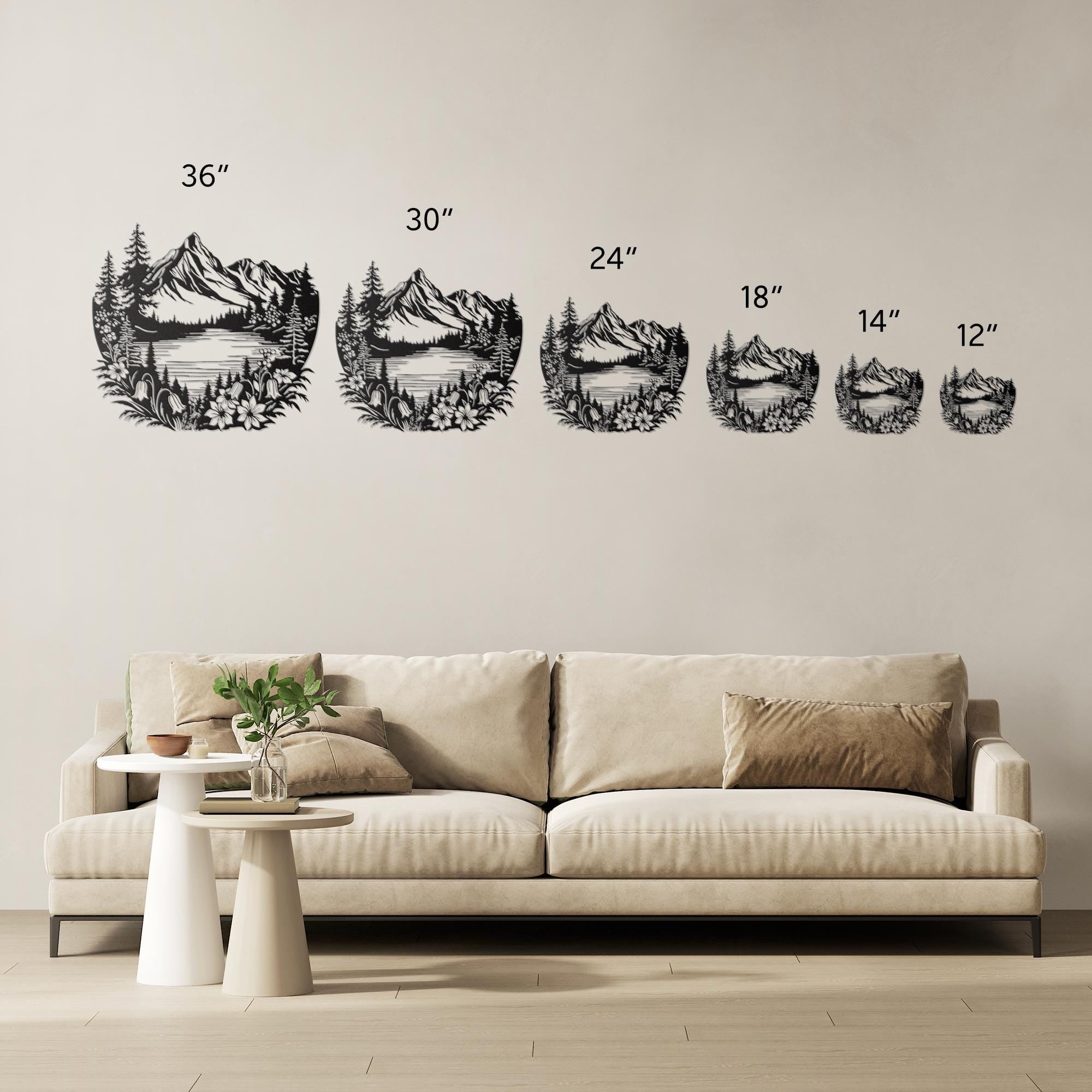 Mountain Metal Wall Art, Lake Cabin Decor, Rustic Pine Tree Silhouette