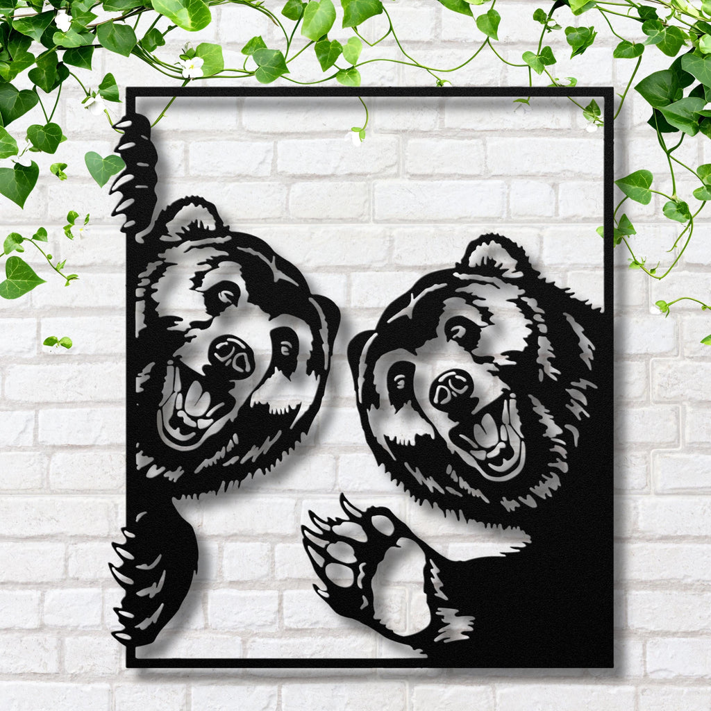 Smiling Bears Metal Wall Art, Playful Grizzly Sign, Wildlife Cabin Decor, Happy Animal Gift
