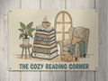 Cozy Reading Corner Metal Sign, Bookworm Armchair Decor, Cat and Books Wall Art