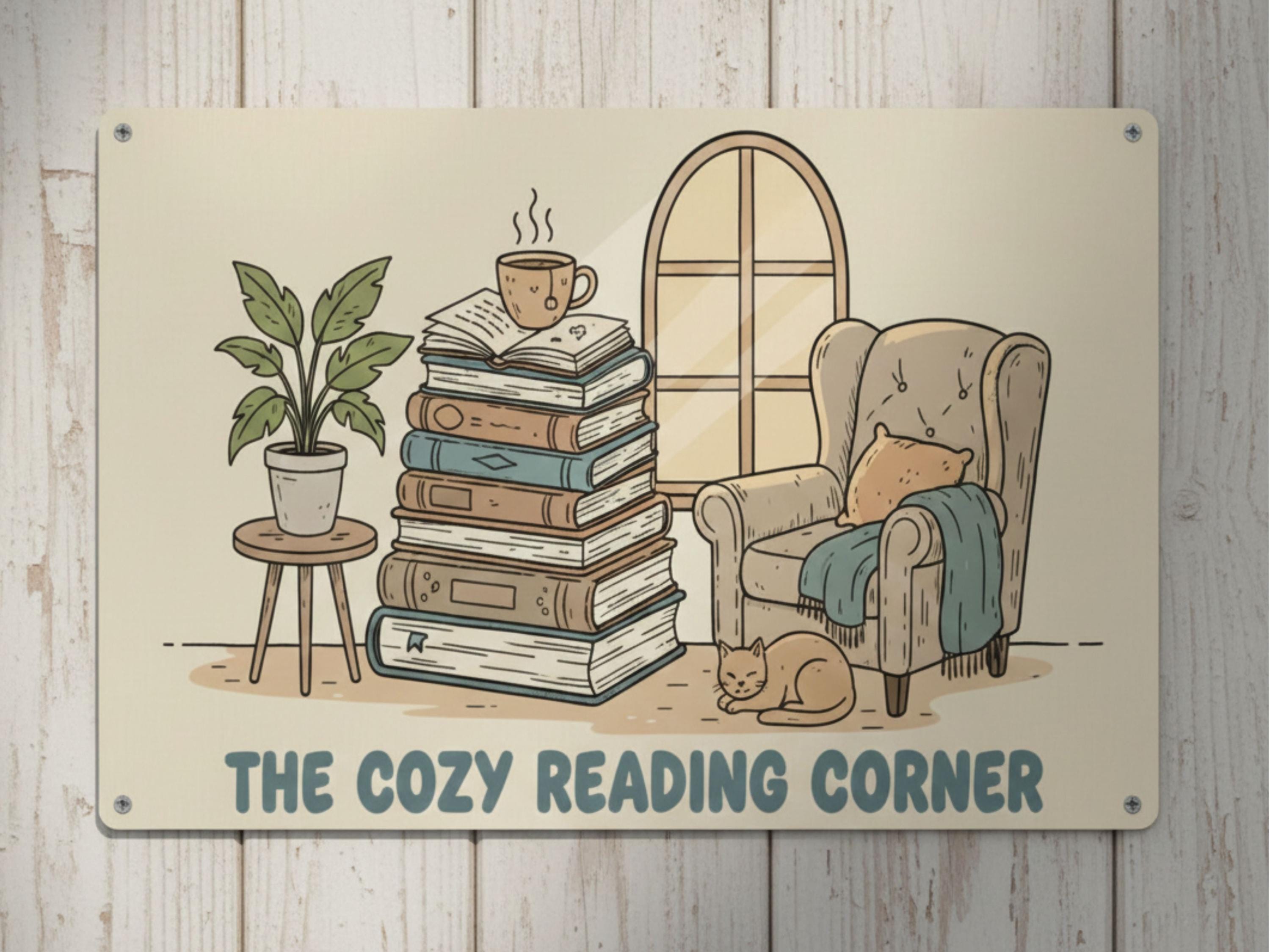 Cozy Reading Corner Metal Sign, Bookworm Armchair Decor, Cat and Books Wall Art