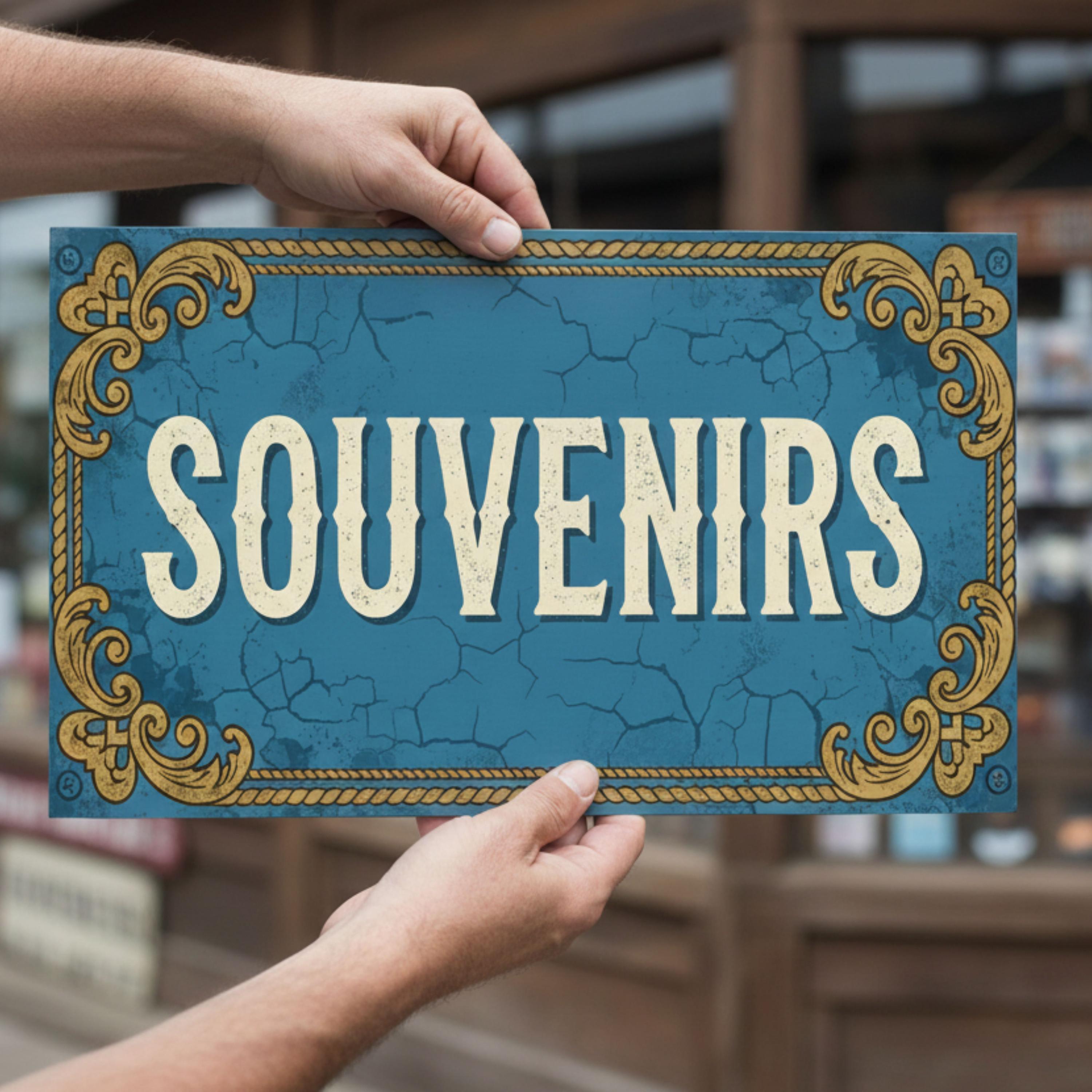 Souvenirs Metal Sign, Vintage Blue Crackle Finish, Rustic Tourist Shop Decor, Antique Travel Gift