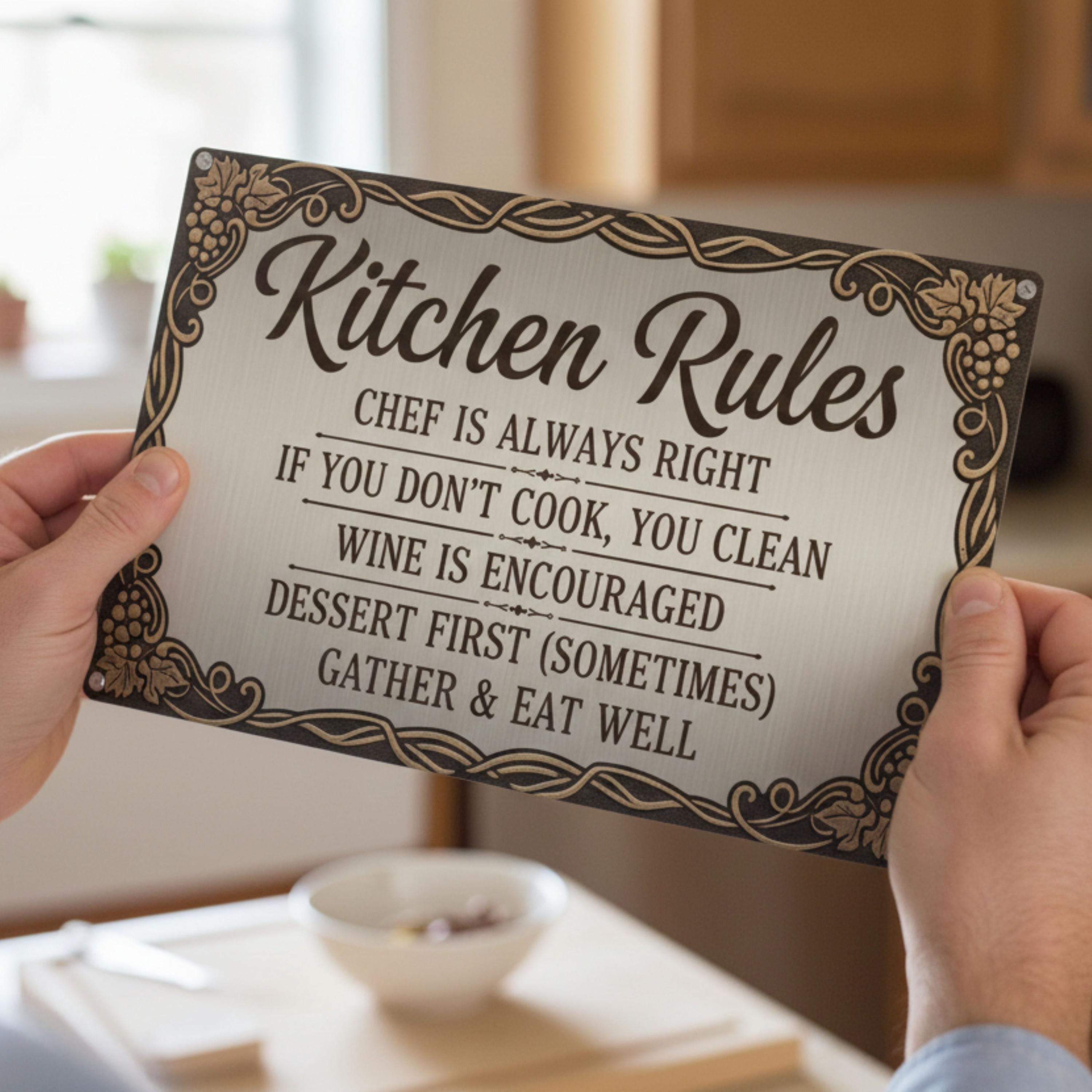 Funny Kitchen Rules Metal Sign - Chef Wine Dessert Art, Rustic Farmhouse Kitchen Decor, Funny Cooking Wall Hanging, Unique Chef Gift