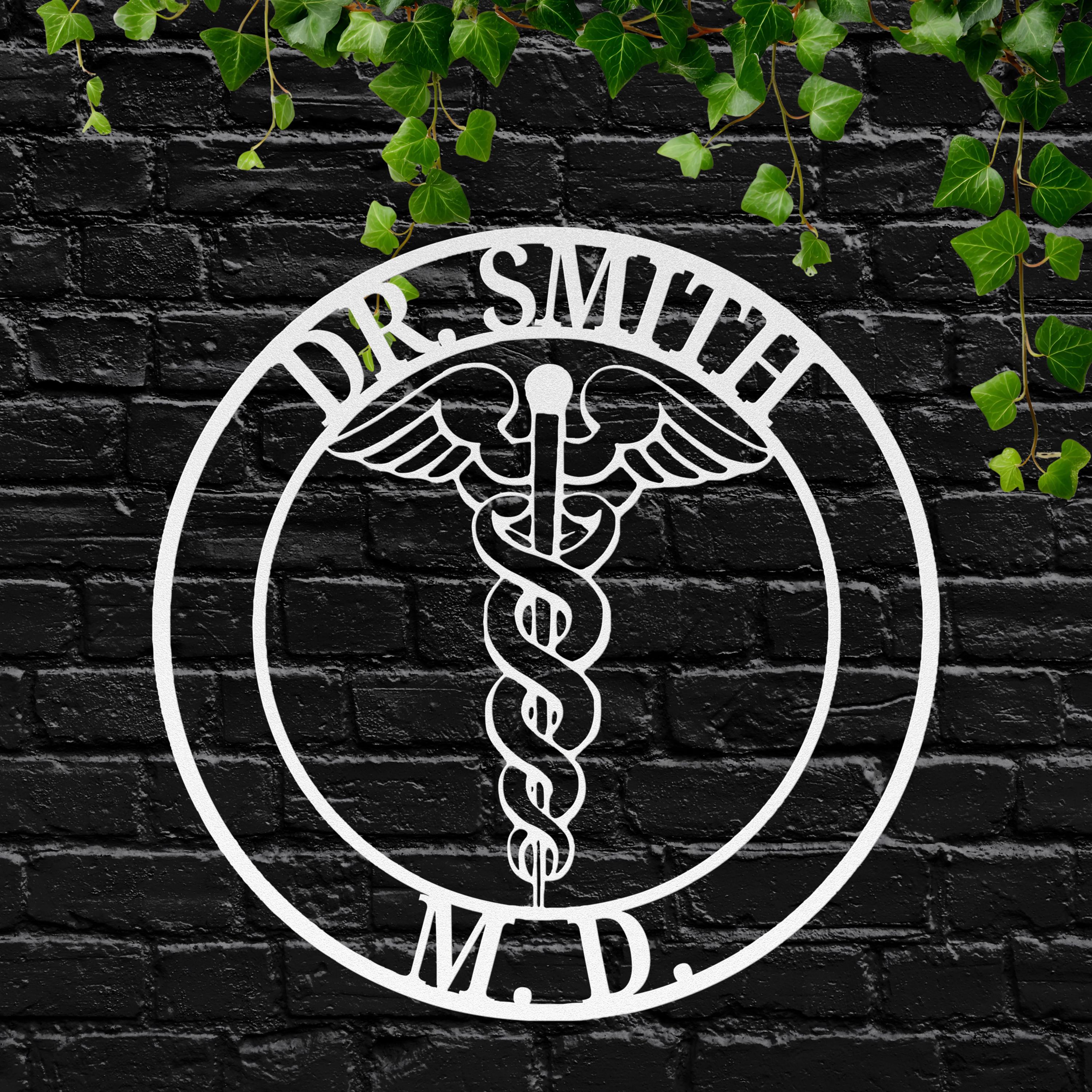 Personalized Metal Sign | Custom Doctor Sign with Steel Caduceus Emblem & Medical Office Decor
