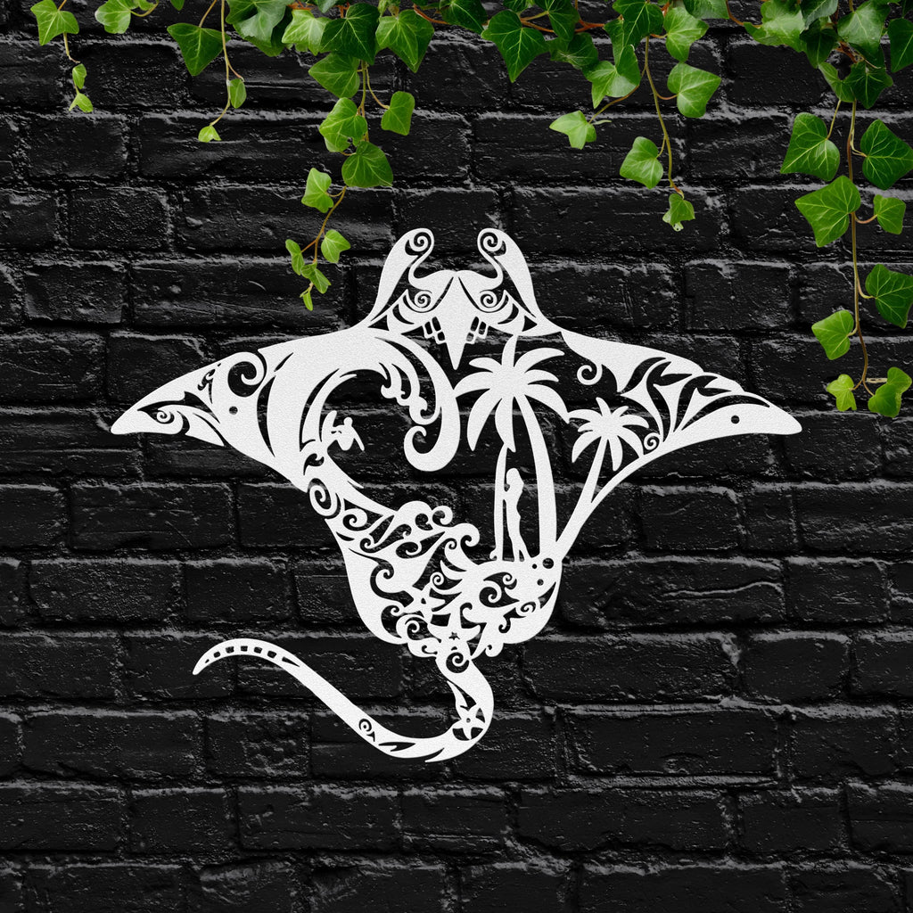 Manta Ray Tribal Metal Wall Art, Surf Beach Scene Sign, Coastal Island Home Decor