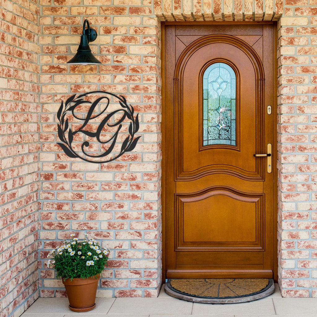 Custom Monogram Metal Sign, Leaf Wreath Wall Decor, Personalized Initial Art, Home Gallery