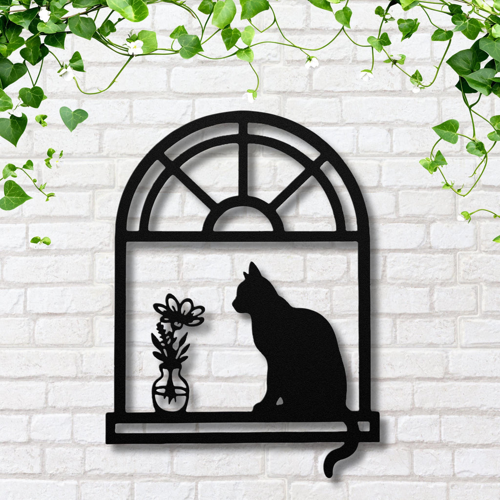 Cat Silhouette Metal Sign – Unique Die Cut Metal Wall Art with Kitten on Window Sill
