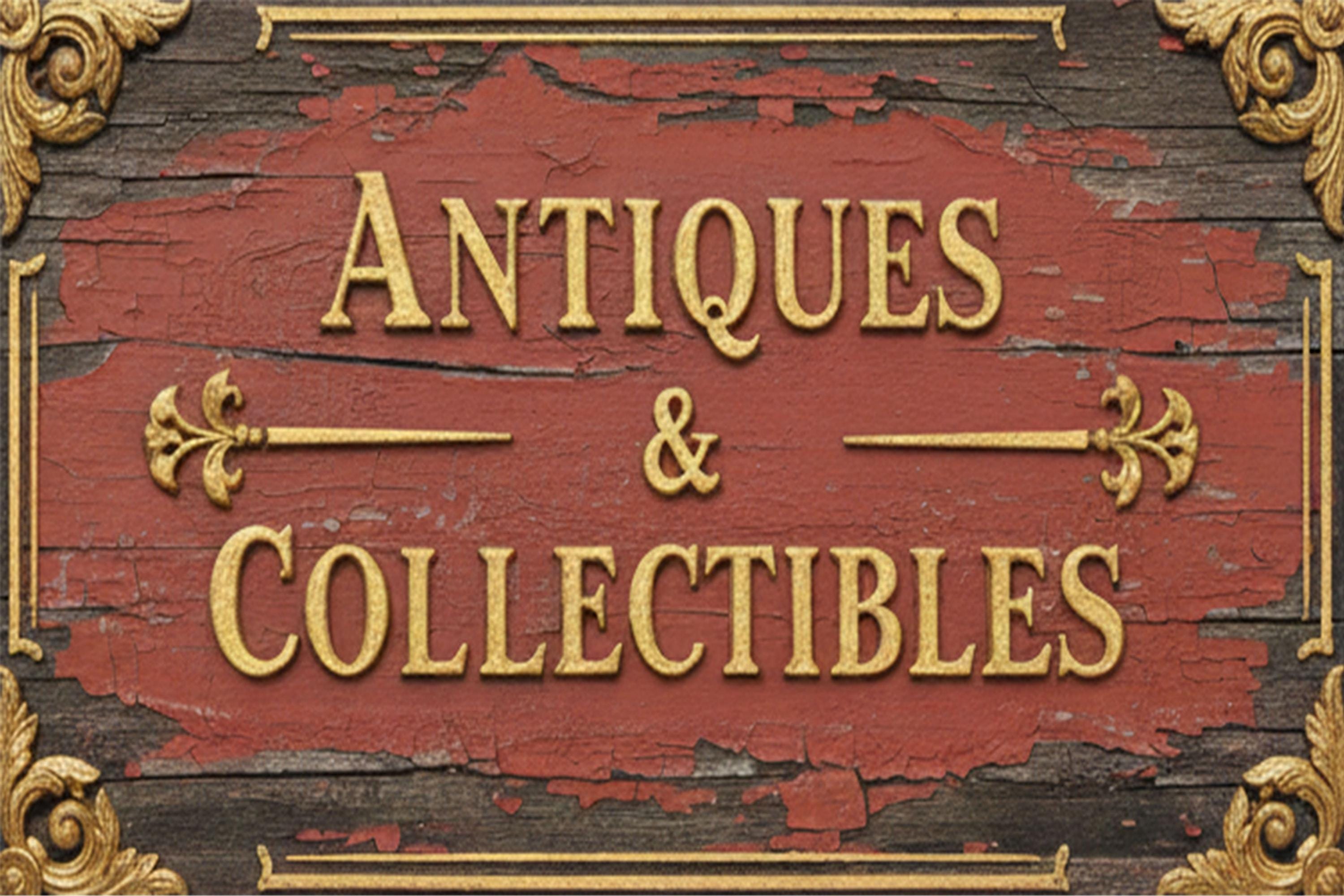 Antiques and Collectibles Metal Sign, Rustic Red Shop Plaque, Vintage Junk Store Decor, Gold Scrollwork Wall Art, Flea Market