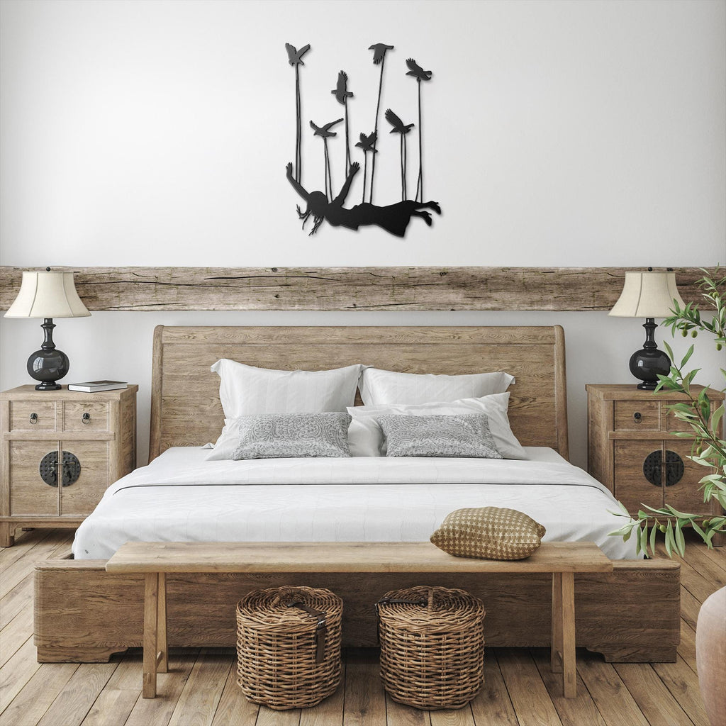Surreal Woman Flying with Birds Metal Art, Inspirational Wall Sign, Freedom Home Decor