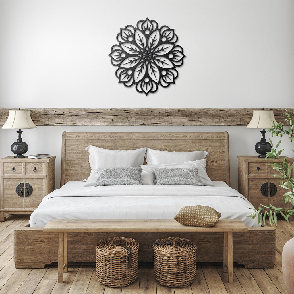 Intricate Flower Mandala Metal Wall Art: Detailed Floral Geometric Design, Die-Cut Meditation Yoga Studio Decor, Zen Home Gift