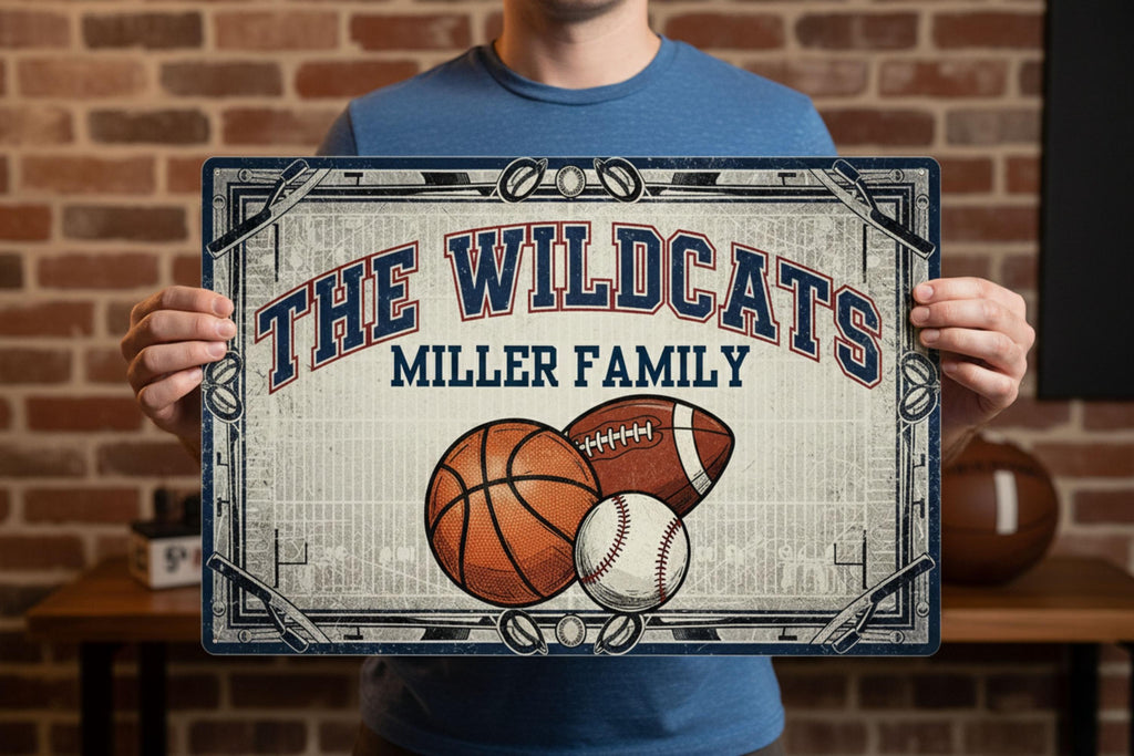 Custom Family Sports Sign - The Wildcats Metal Wall Art - Basketball Football Baseball Balls