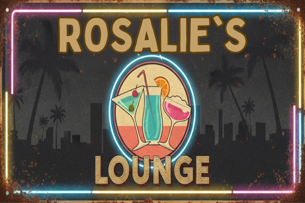 Custom Lounge Metal Sign | Personalized Tropical Neon Bar Art | Retro Cocktail Wall Decor | Home Tiki Bar Gift