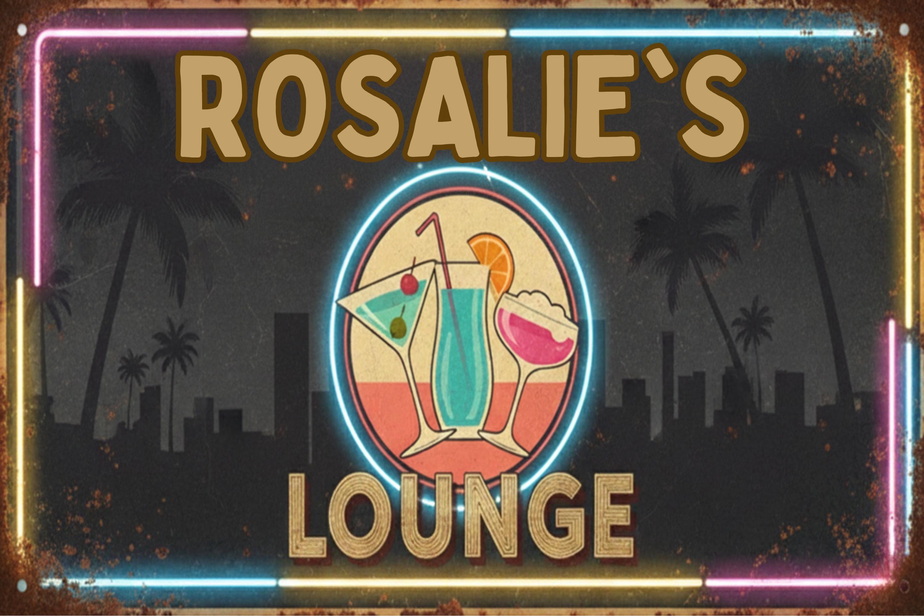 Custom Lounge Metal Sign | Personalized Tropical Neon Bar Art | Retro Cocktail Wall Decor | Home Tiki Bar Gift