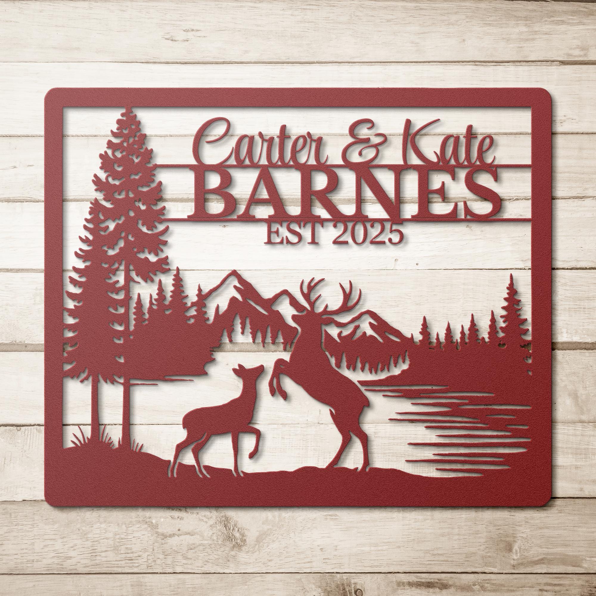 Personalized Deer Sign, Couple Name Metal Art, Family Sign, Rustic Cabin Decor, Mountain Forest Die Cut Wedding Gift
