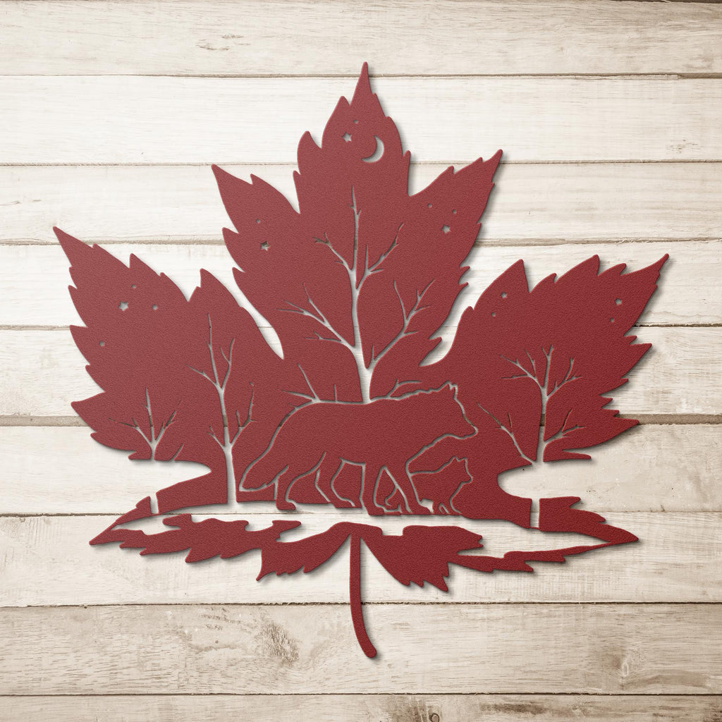 Wolf Silhouette Maple Leaf Sign, Forest Wilderness Decor, Canadian Nature Wall Art