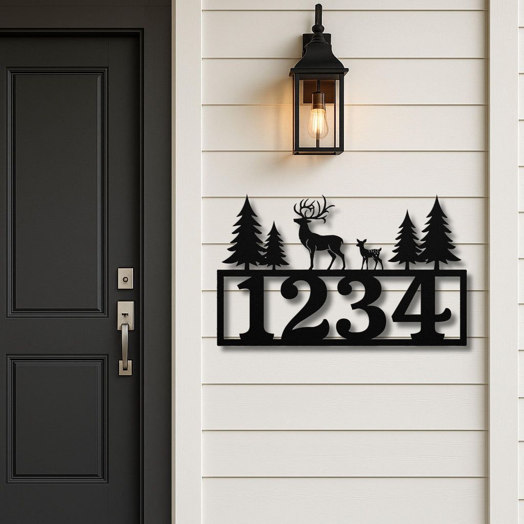 Deer and Forest Address Sign | Personalized House Number Plaque | Rustic Cabin Decor | Wildlife Metal Art | Nature Lover Gift
