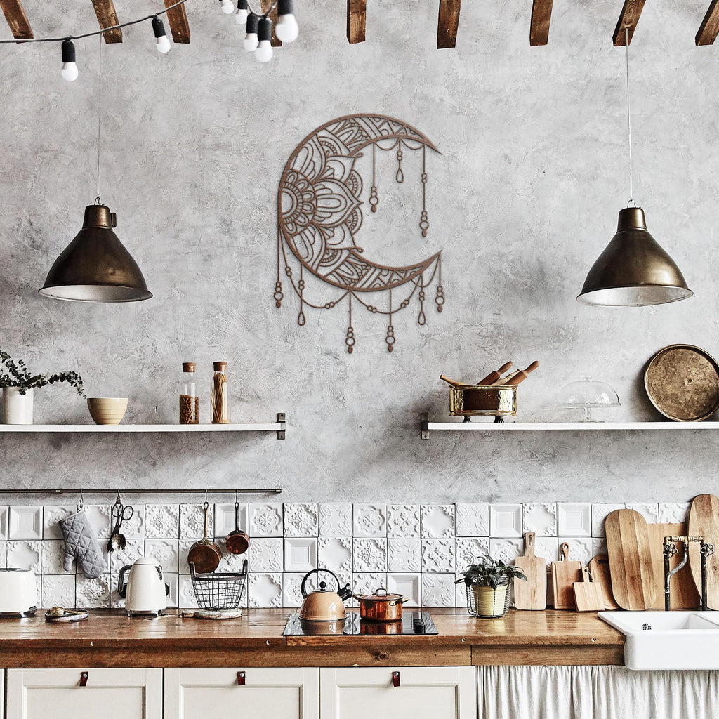 Mandala Crescent Moon Black Metal Cutout - Intricate Mandala Design Boho Wall Art