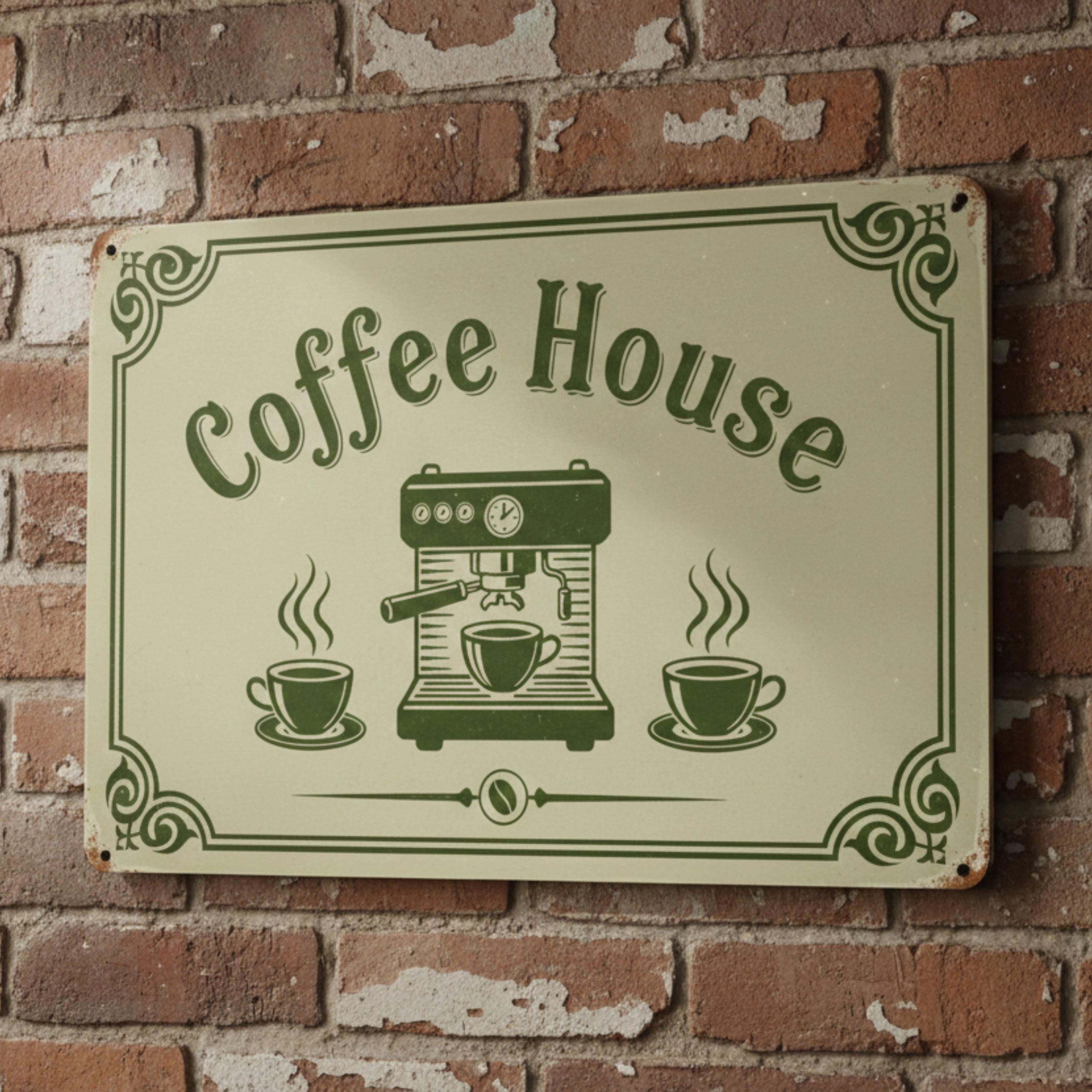 Coffee House Metal Sign, Vintage Espresso Machine Art, Coffee Station Decor, Cafe Wall
