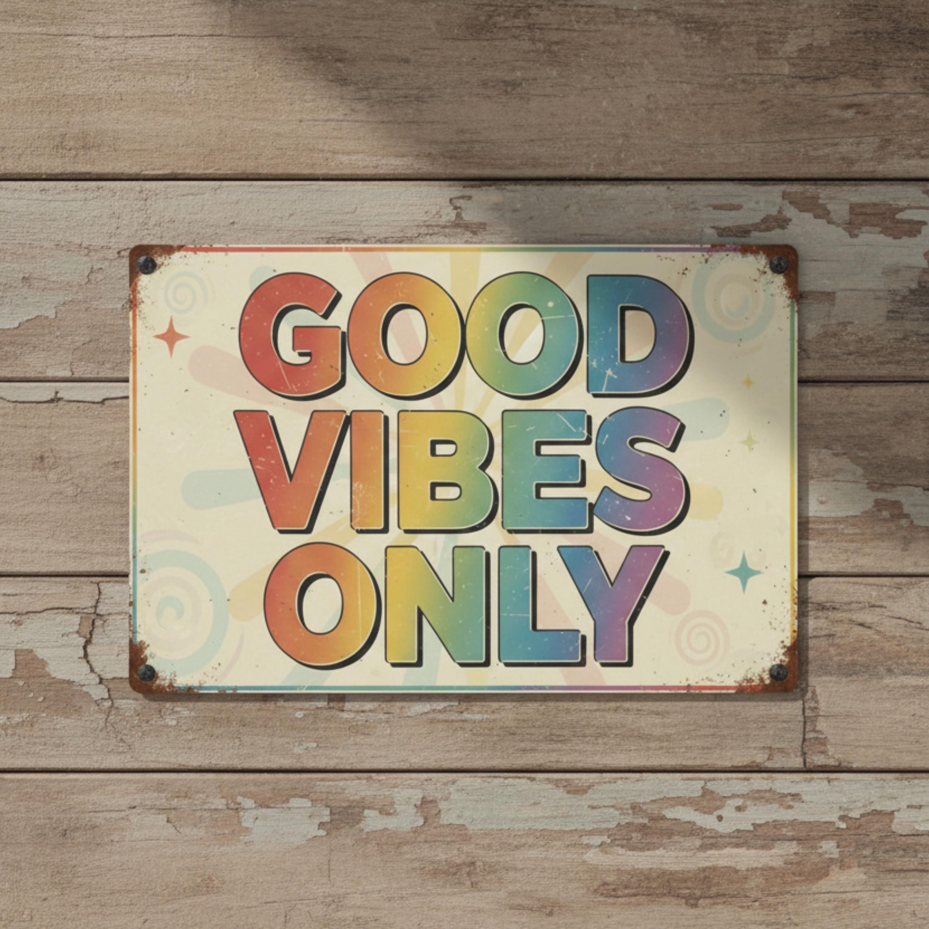 Good Vibes Only Metal Sign, Colorful Retro Hippie Wall Art, Distressed Positive Quote Plaque, Fun Aesthetic Room Decor, Rainbow Gift