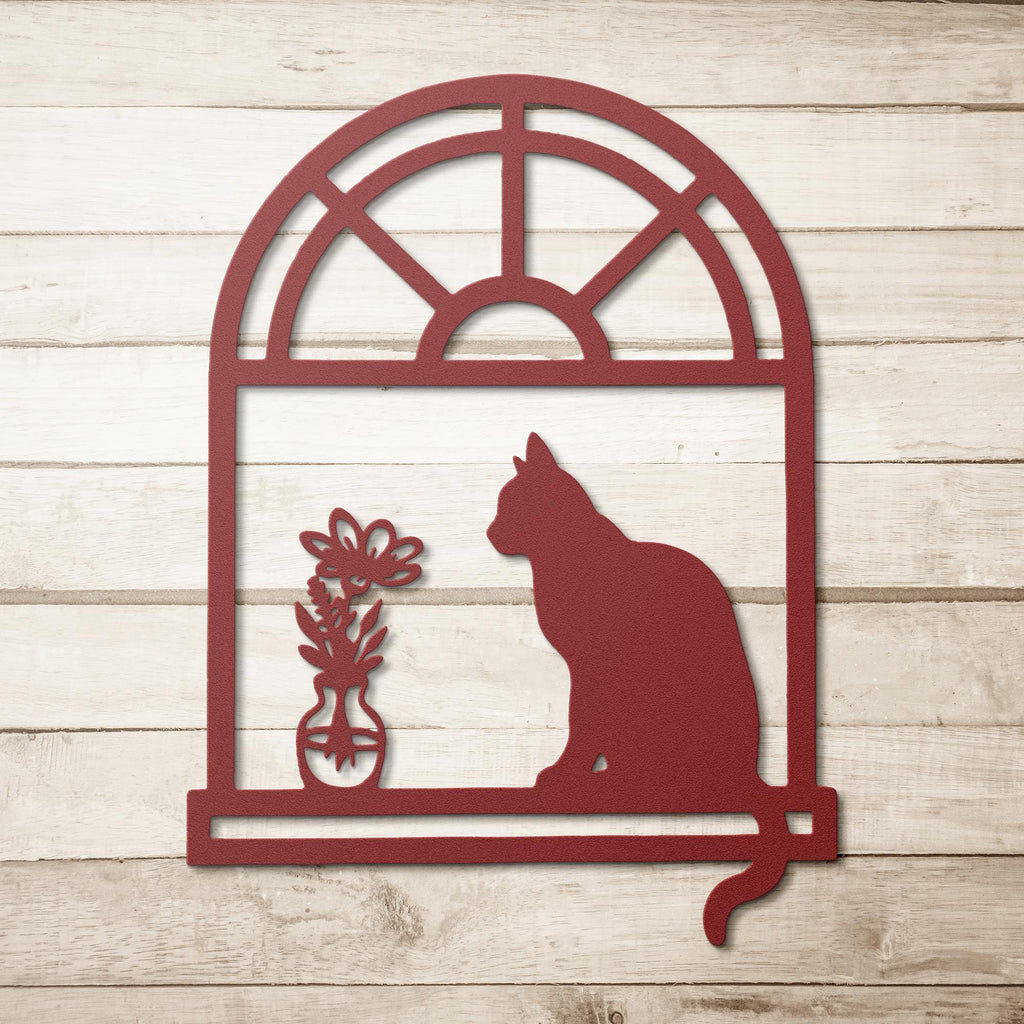 Cat Silhouette Metal Sign – Unique Die Cut Metal Wall Art with Kitten on Window Sill