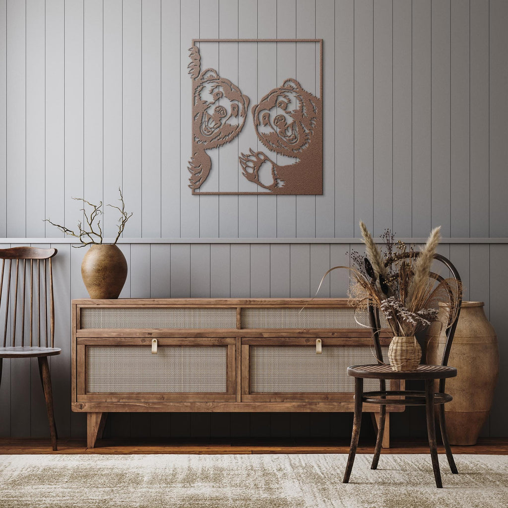 Smiling Bears Metal Wall Art, Playful Grizzly Sign, Wildlife Cabin Decor, Happy Animal Gift