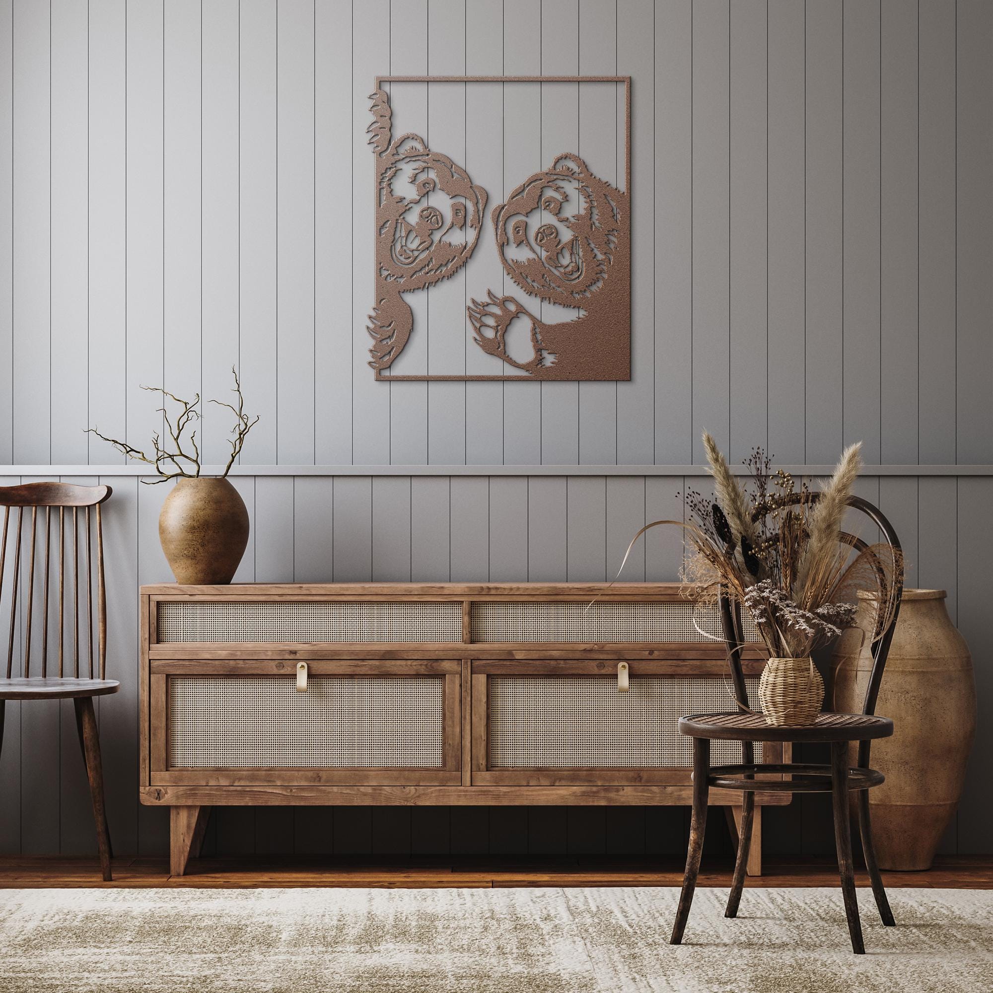 Smiling Bears Metal Wall Art, Playful Grizzly Sign, Wildlife Cabin Decor, Happy Animal Gift