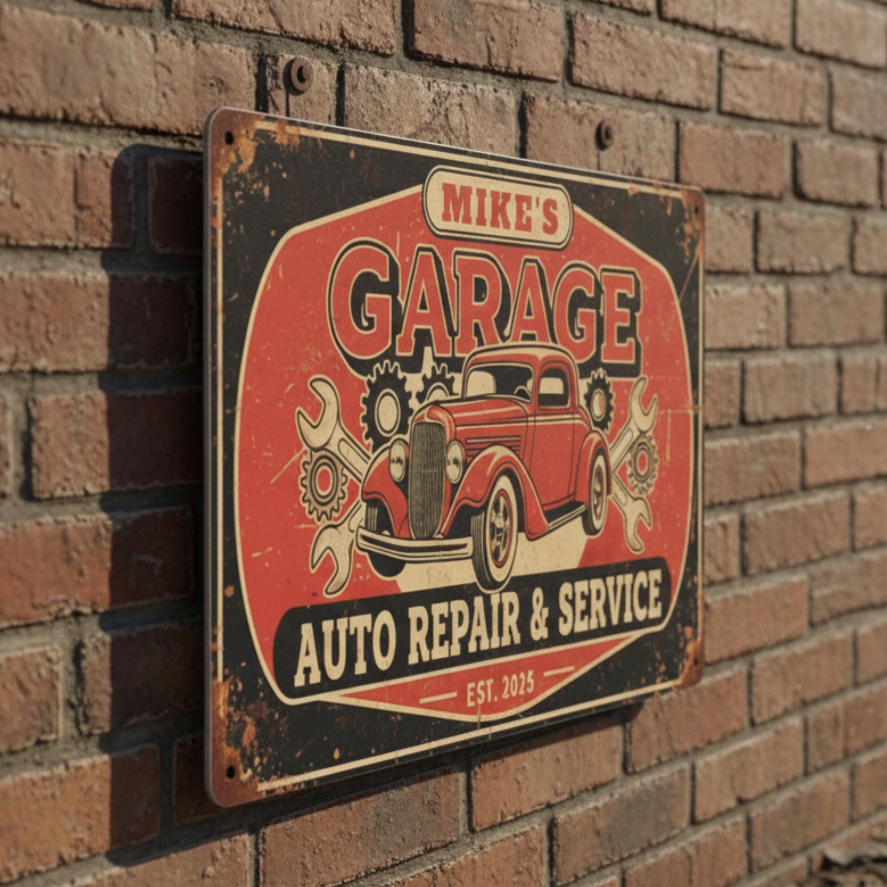 Personalized Garage Sign, Custom Auto Repair Metal Plaque, Vintage Hot Rod Art, Est. Date Man Cave Decor, Retro Mechanic Workshop Gift
