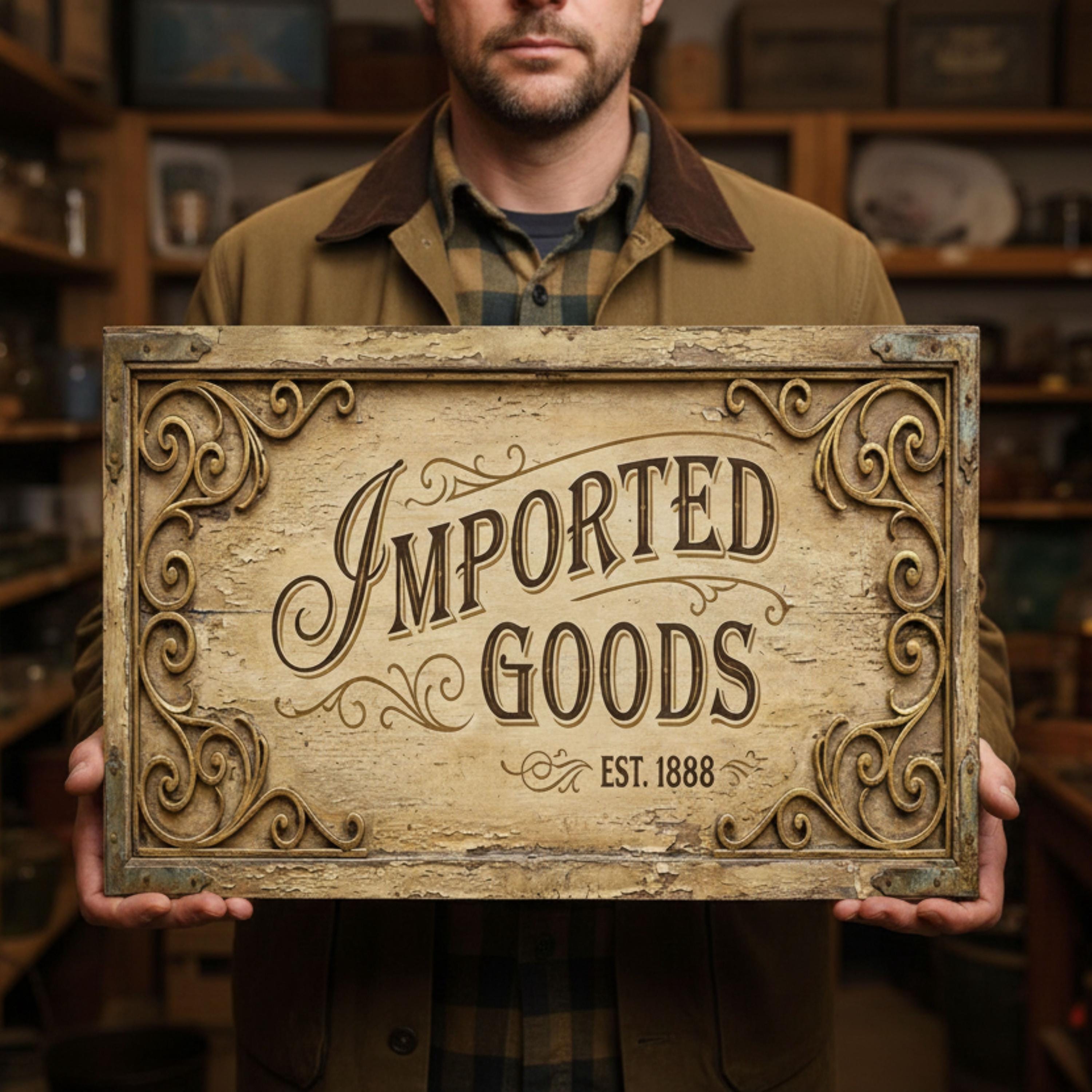 Imported Goods 3D Inspired Metal Sign, Vintage General Store Plaque, Antique Trading Post Art