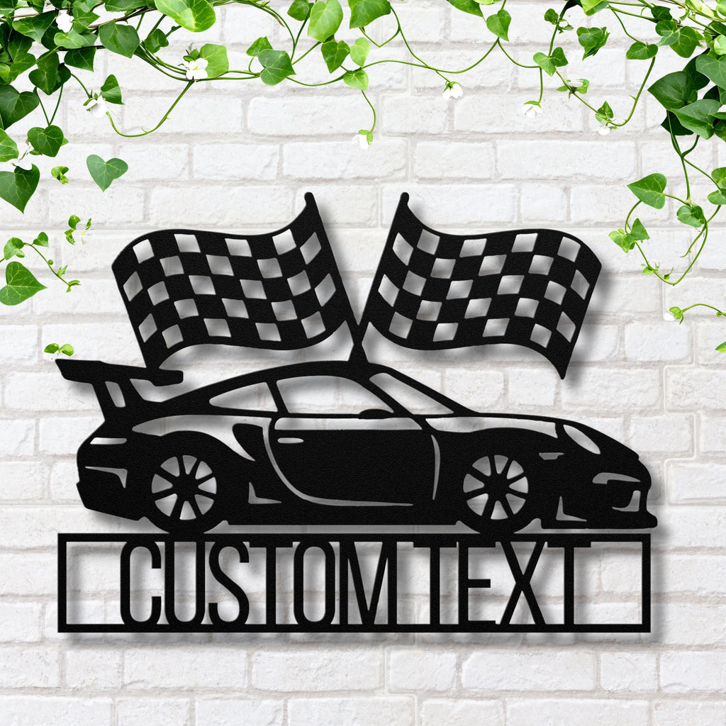 Custom Race Car Metal Sign, Racing Flags Garage Decor