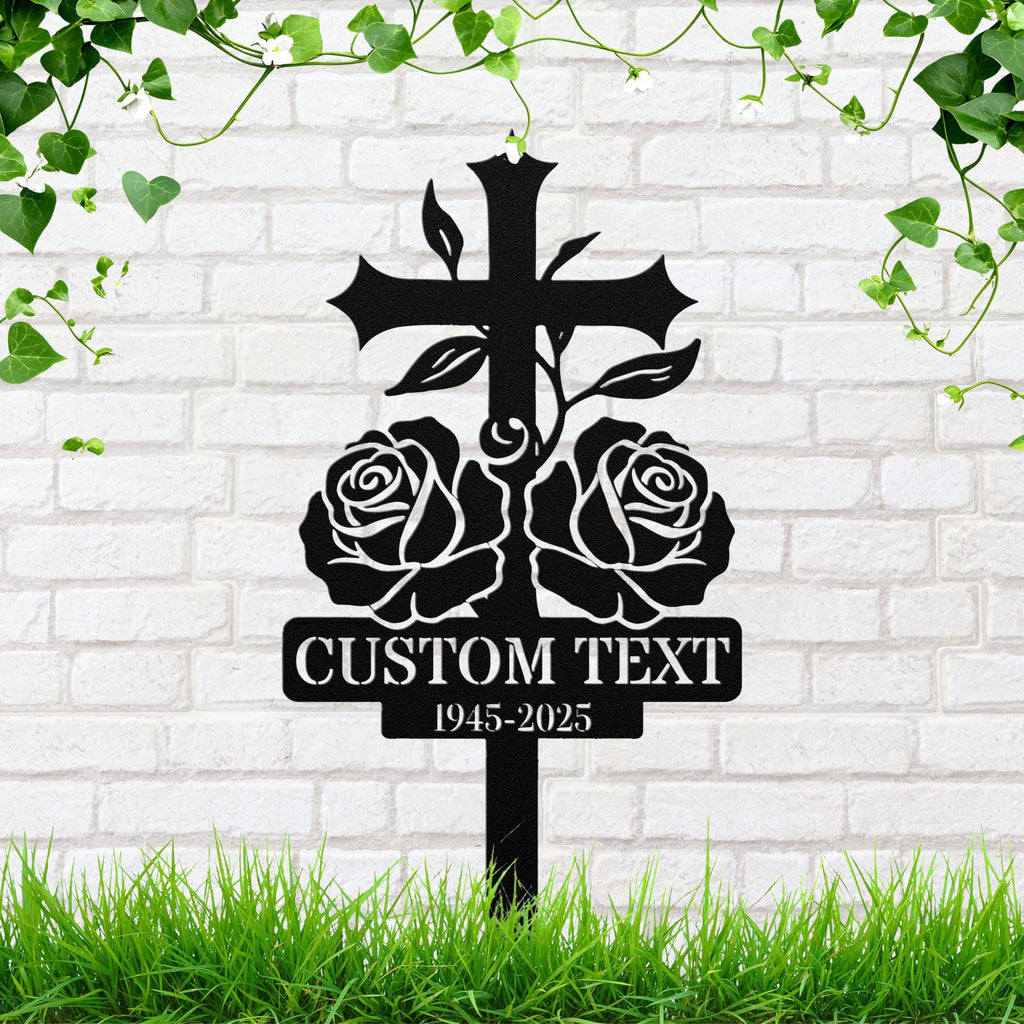Rose Cross Memorial Grave Marker, Personalized Sympathy Gift, Custom Text Remembrance Garden Stake Plaque